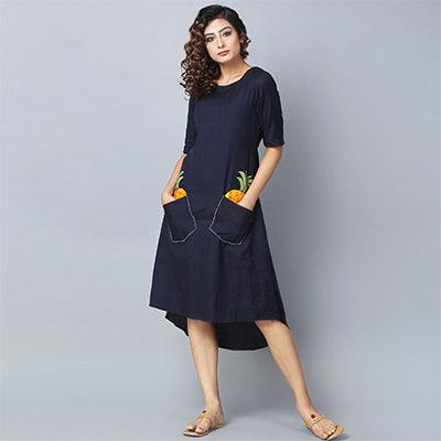 Navy Embroidered Pure Rayon Dress - Peachmode
