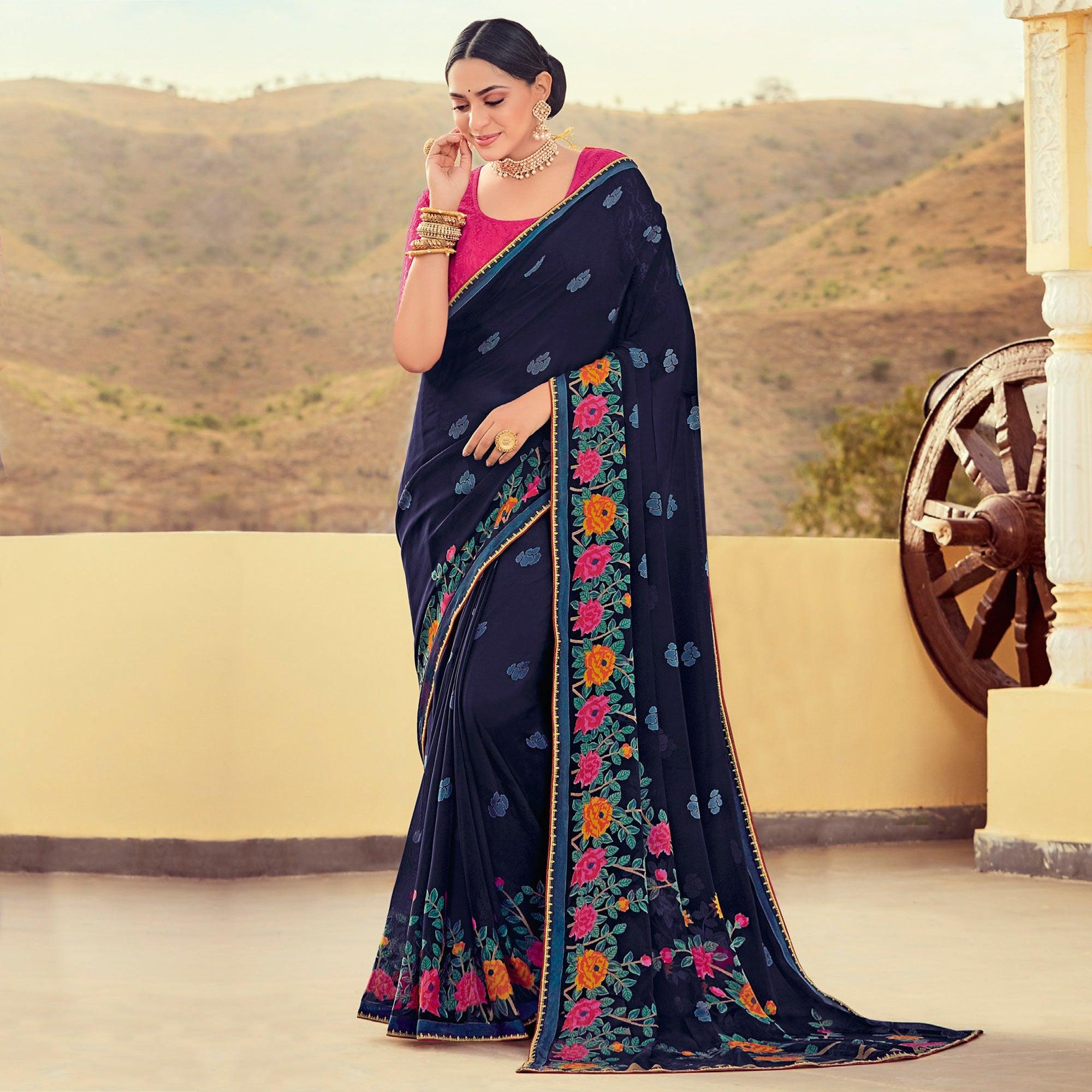Nayv Blue Casual Wear Floral Printed Brasso Saree - Peachmode