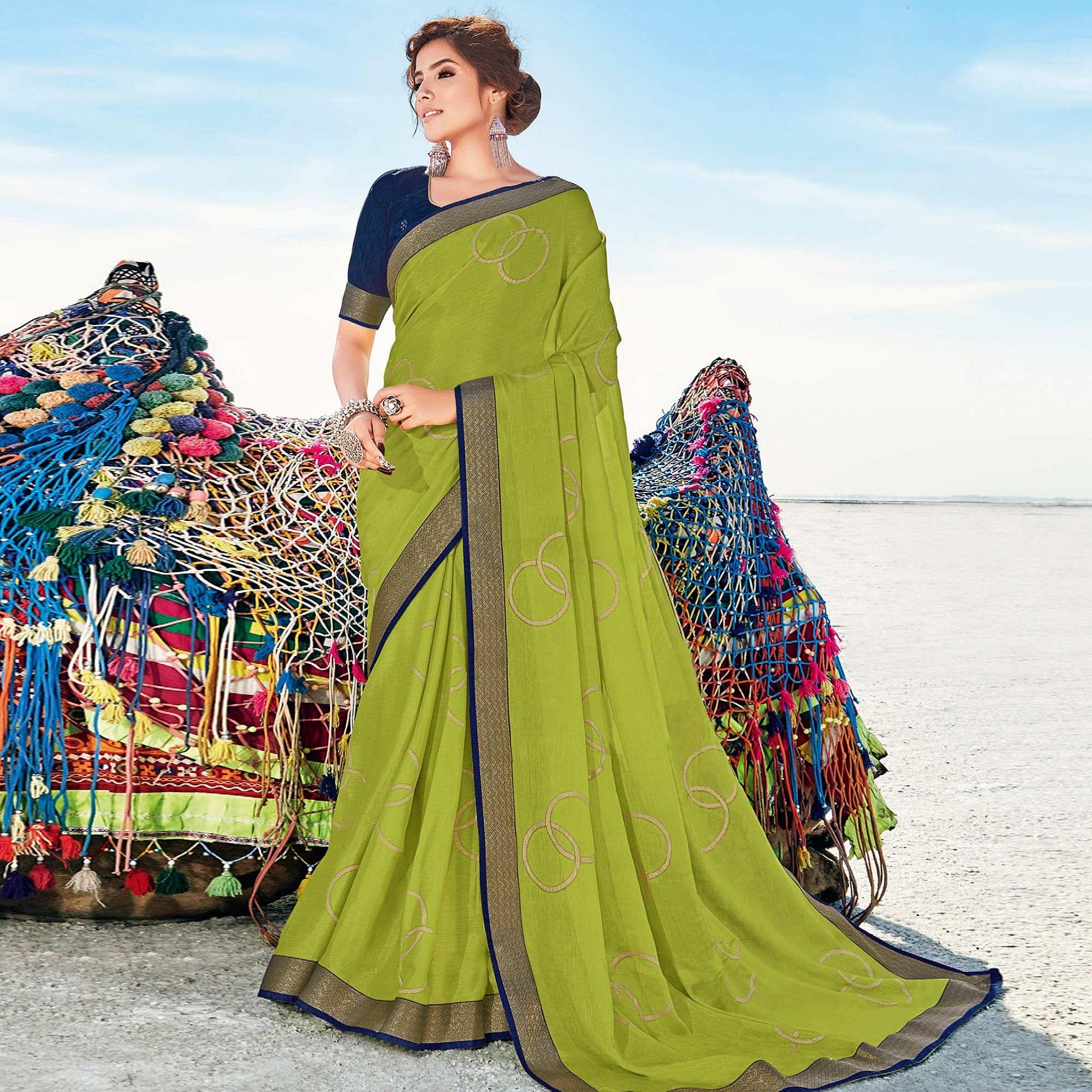 Neaon Green Casual Wear Printed Chiffon Saree - Peachmode