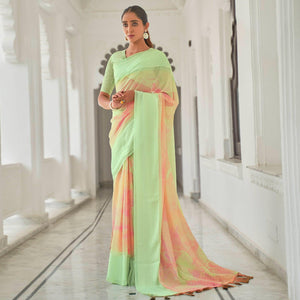 Neon Green Casual Wear Foil Printed Georgette Saree With Jacquard Border - Peachmode