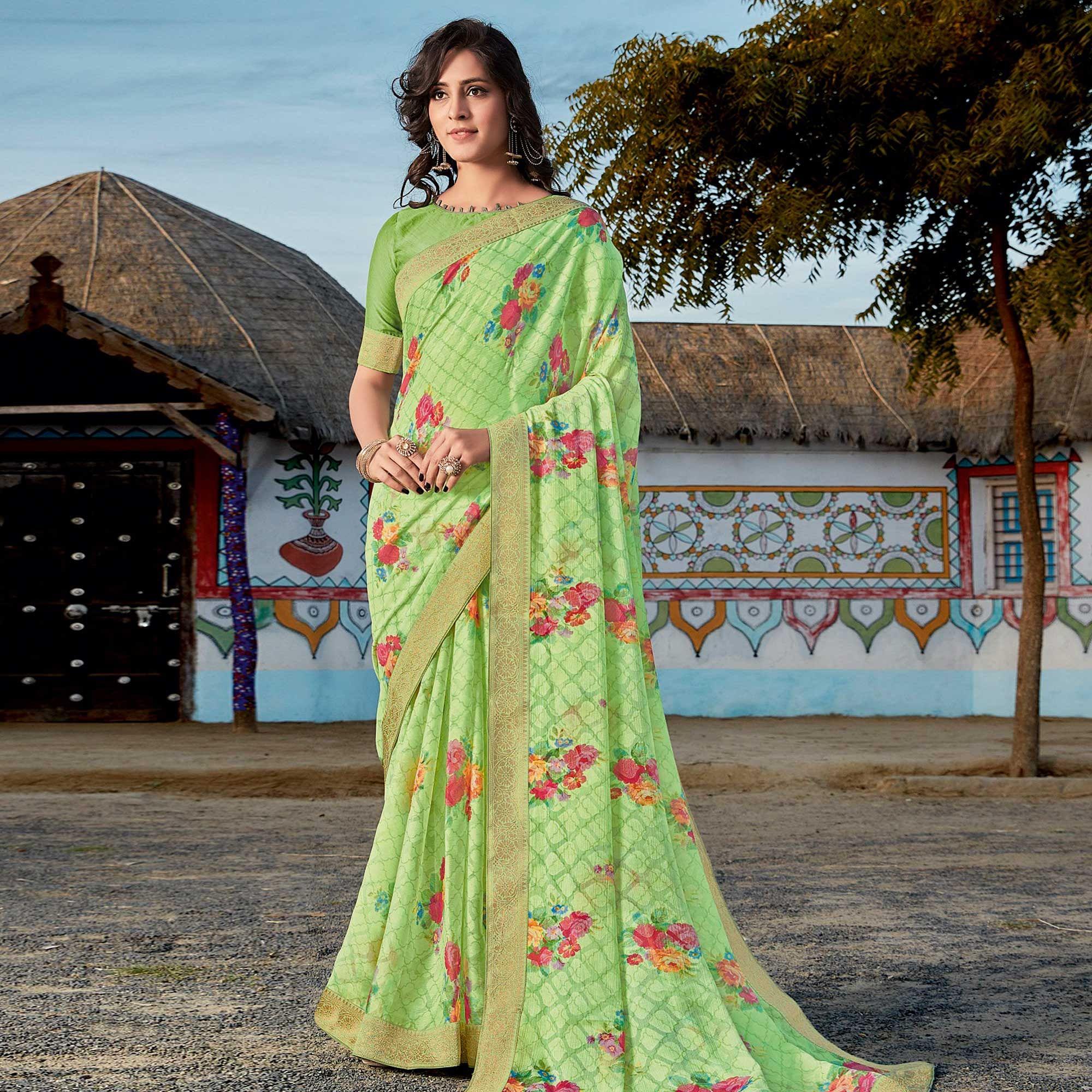 Neon Green Printed Brasso Saree - Peachmode