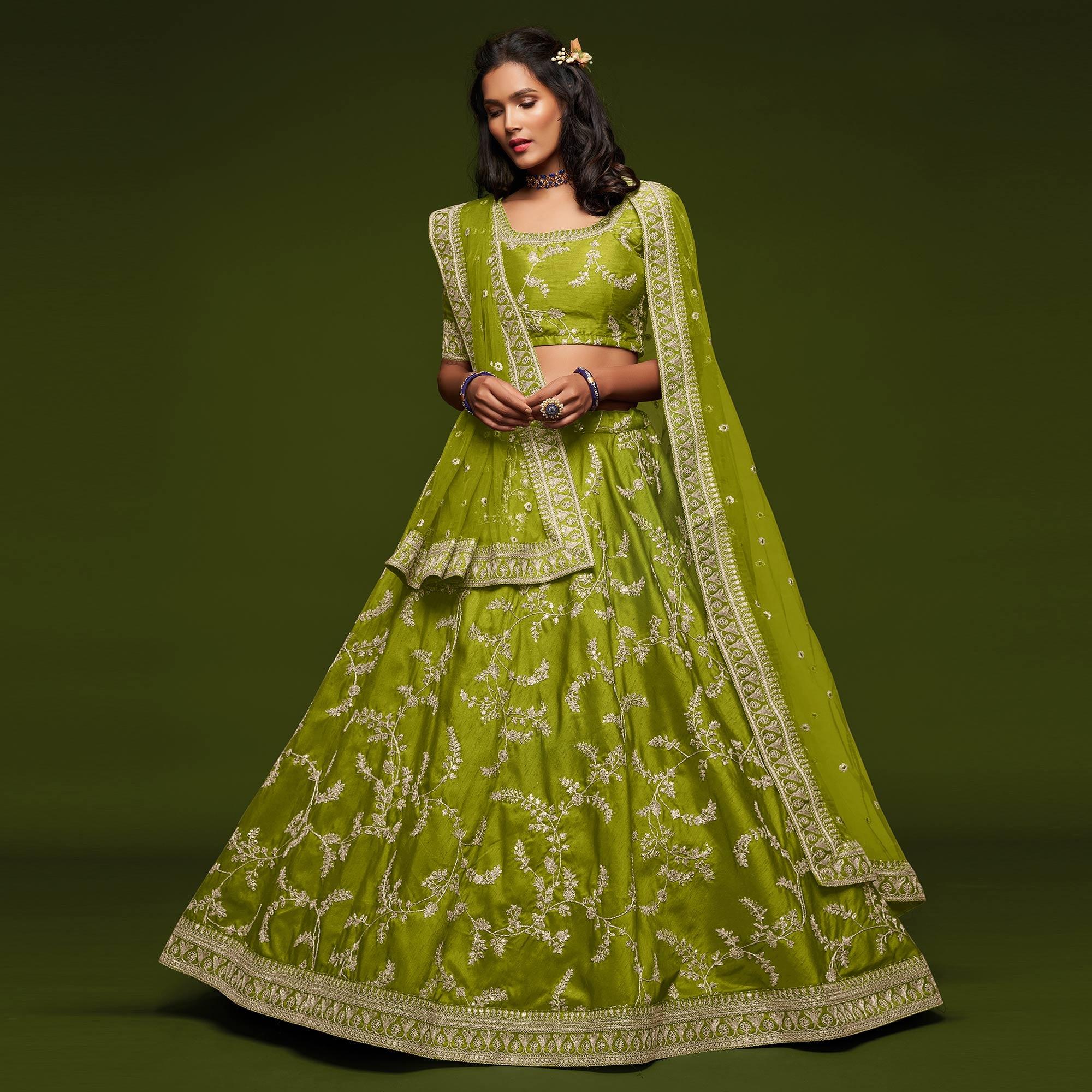 Neon Green Wedding Floral Sequins Embroidered Art Silk Lehenga Choli - Peachmode