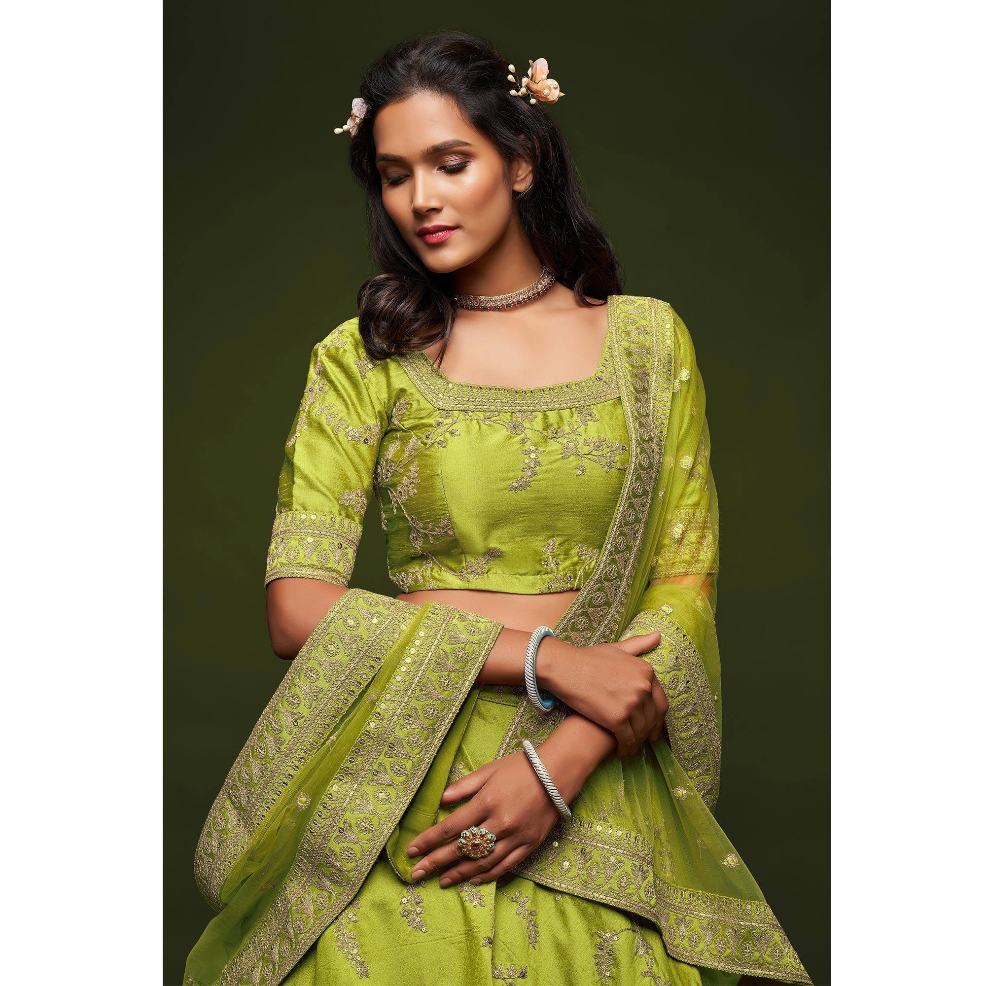 Neon Green Wedding Floral Sequins Embroidered Art Silk Lehenga Choli - Peachmode