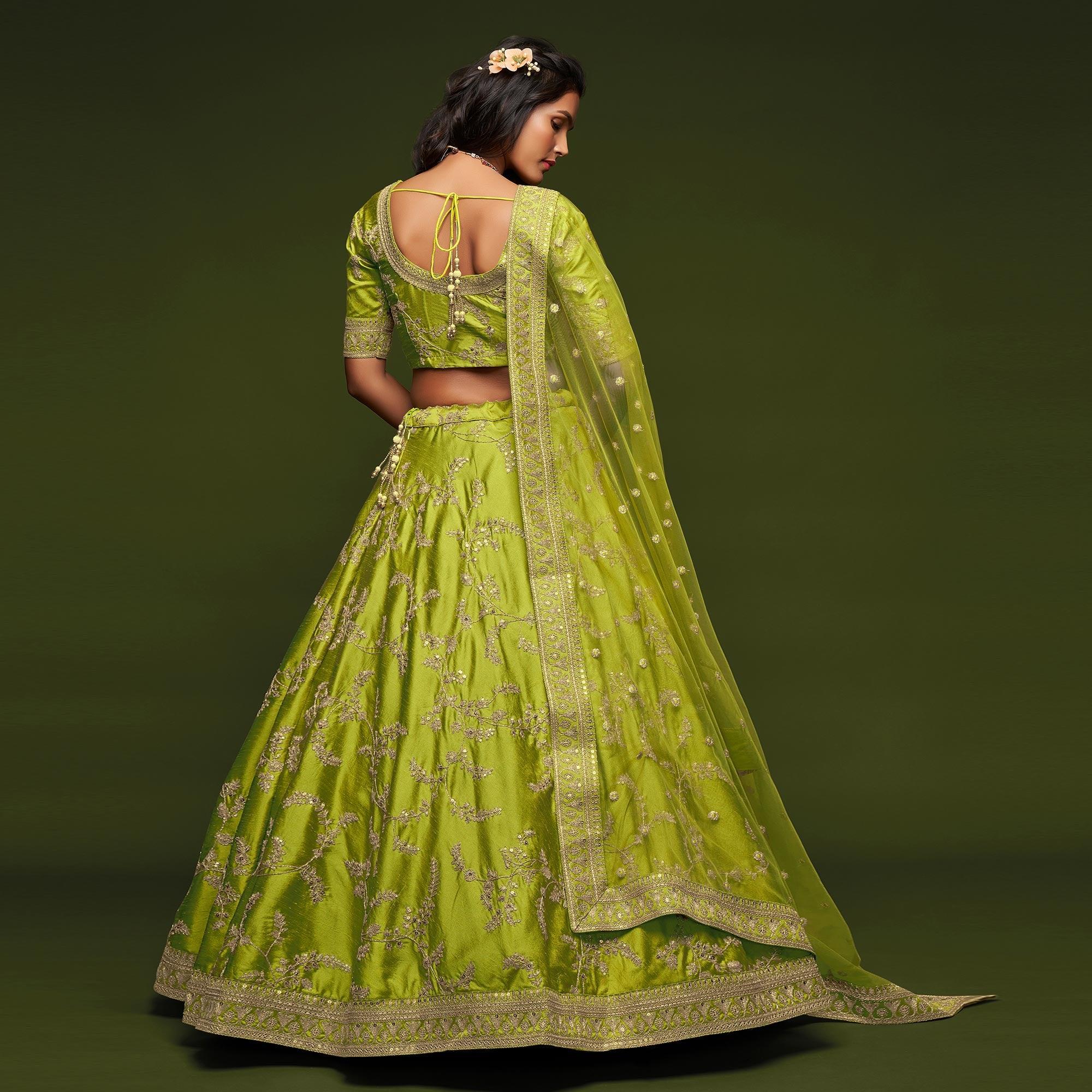 Neon Green Wedding Floral Sequins Embroidered Art Silk Lehenga Choli - Peachmode
