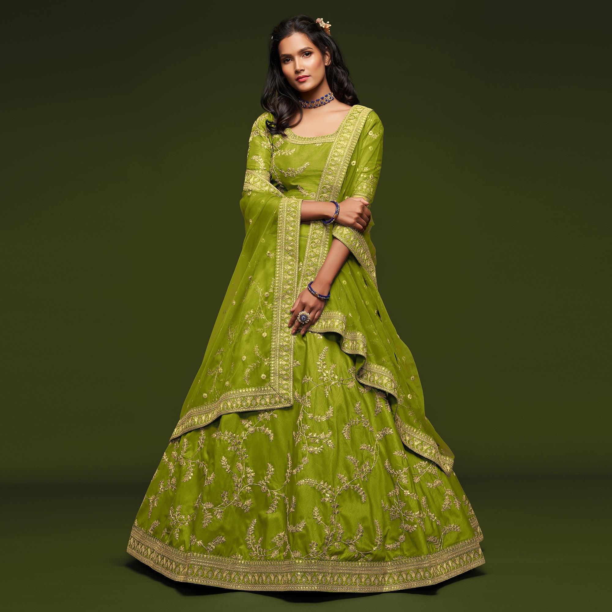 Neon Green Wedding Floral Sequins Embroidered Art Silk Lehenga Choli - Peachmode