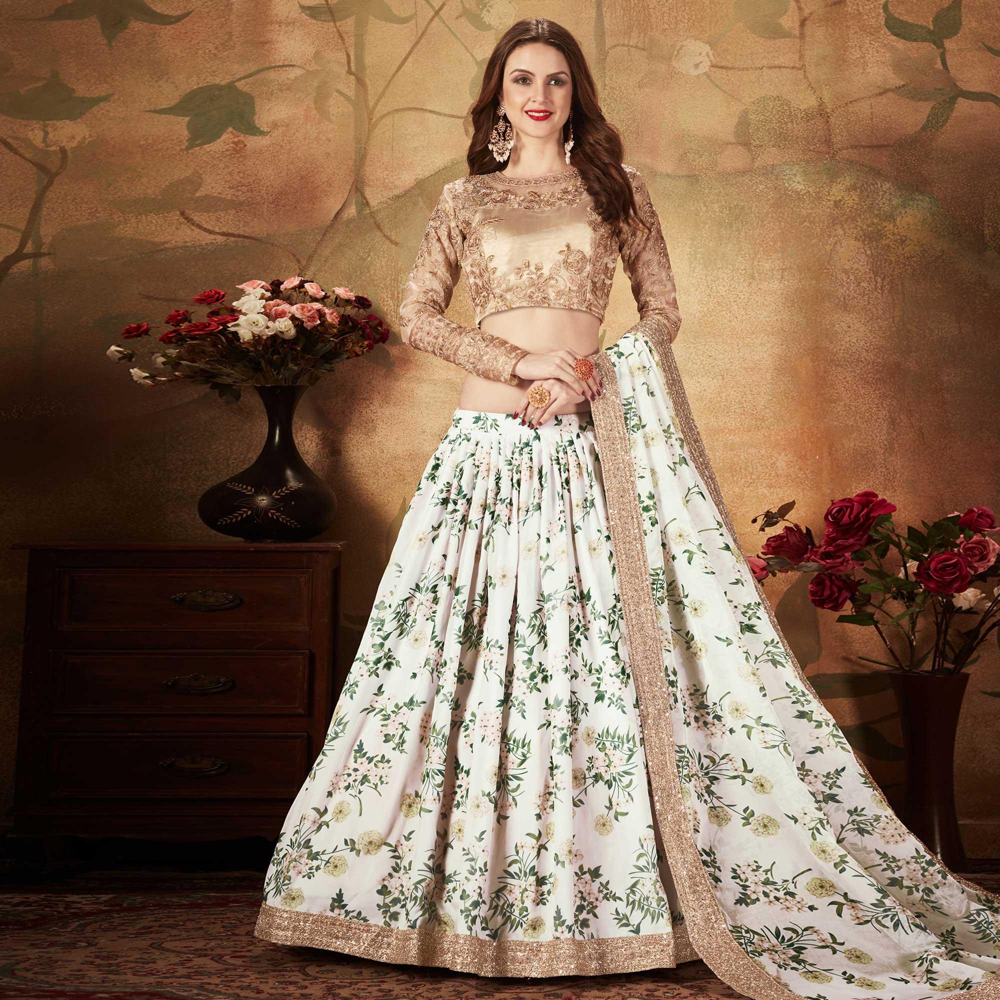 Off-White & Beige Partywear Floral Print With Sequins Embroidery Organza Lehenga Choli - Peachmode