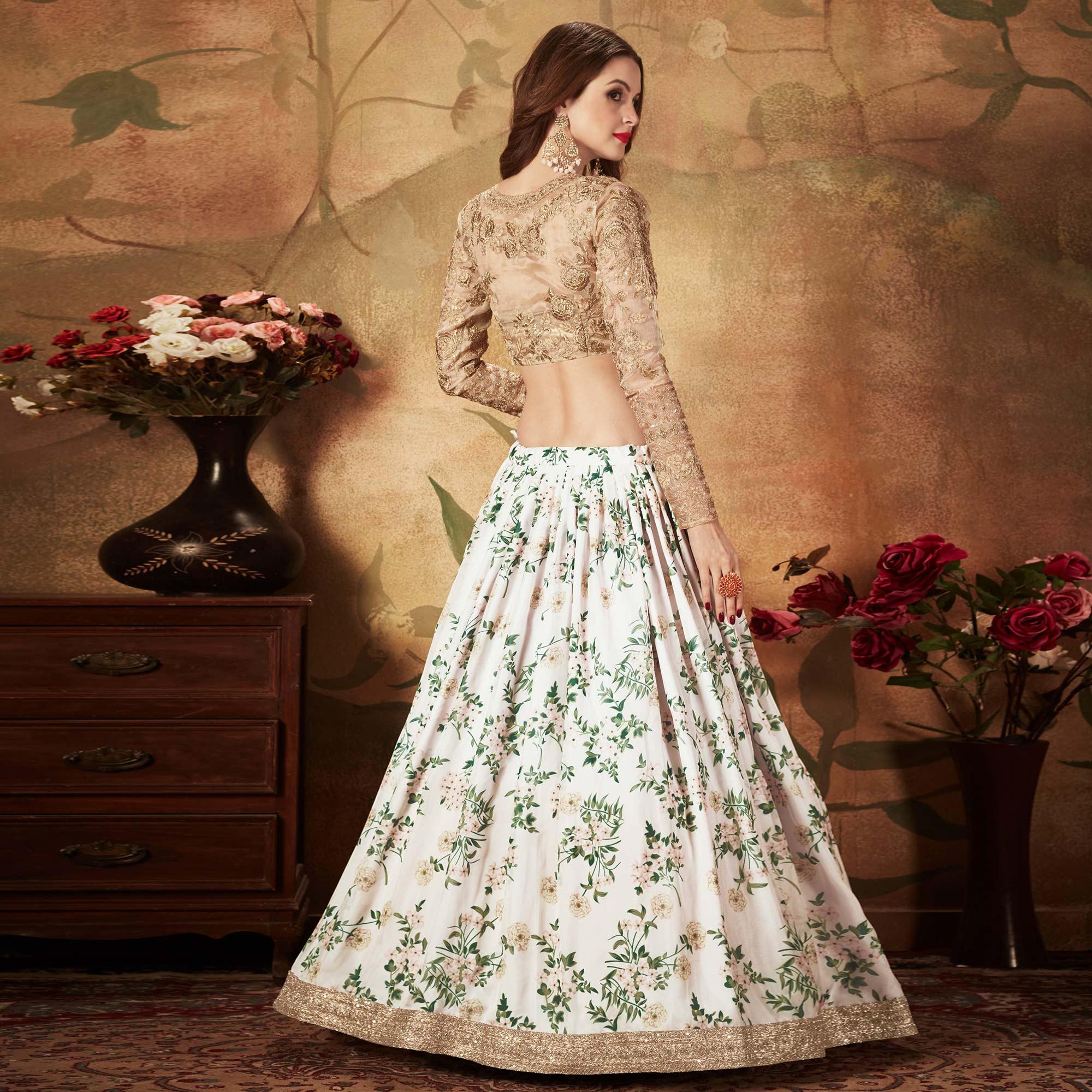 Off-White & Beige Partywear Floral Print With Sequins Embroidery Organza Lehenga Choli - Peachmode
