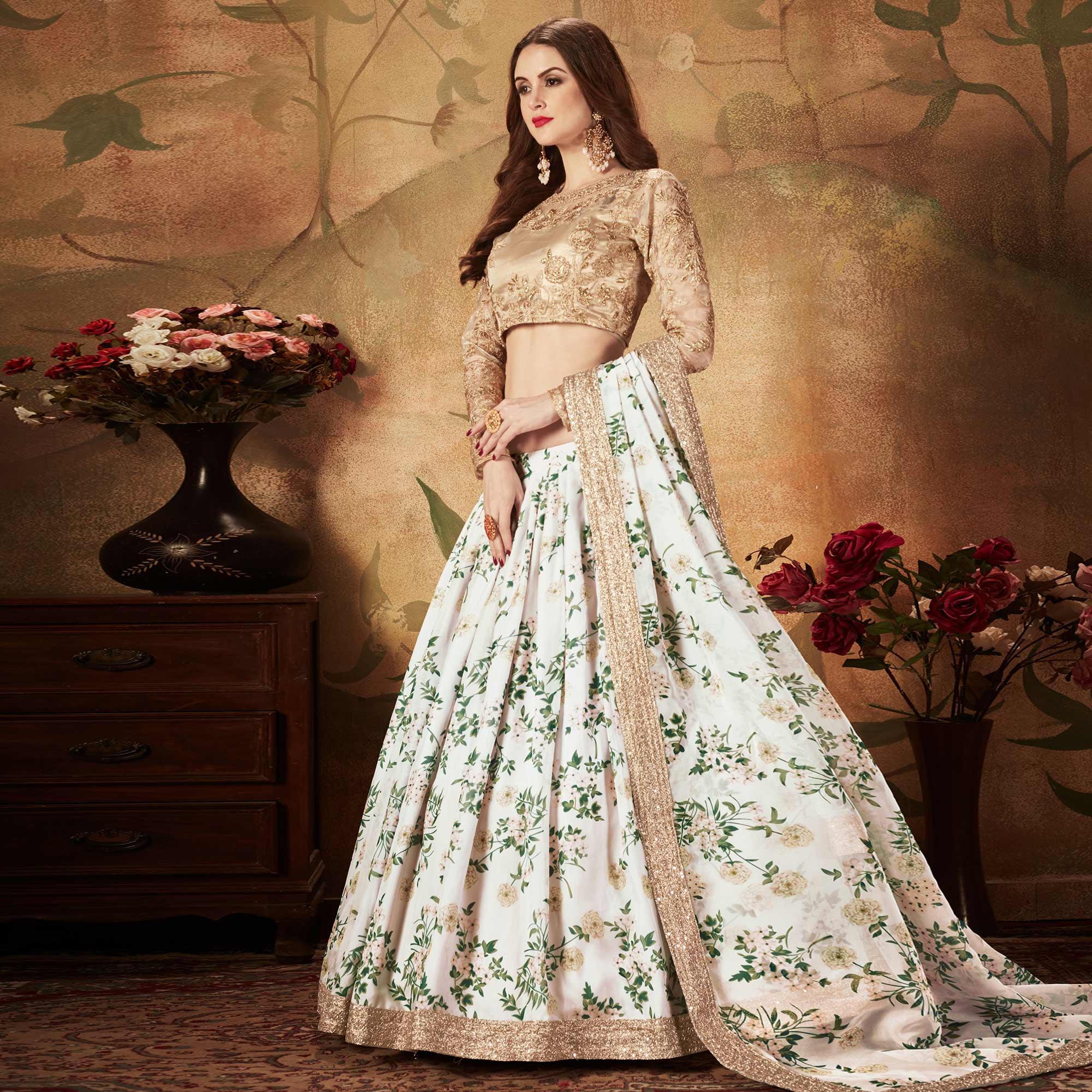 Off-White & Beige Partywear Floral Print With Sequins Embroidery Organza Lehenga Choli - Peachmode