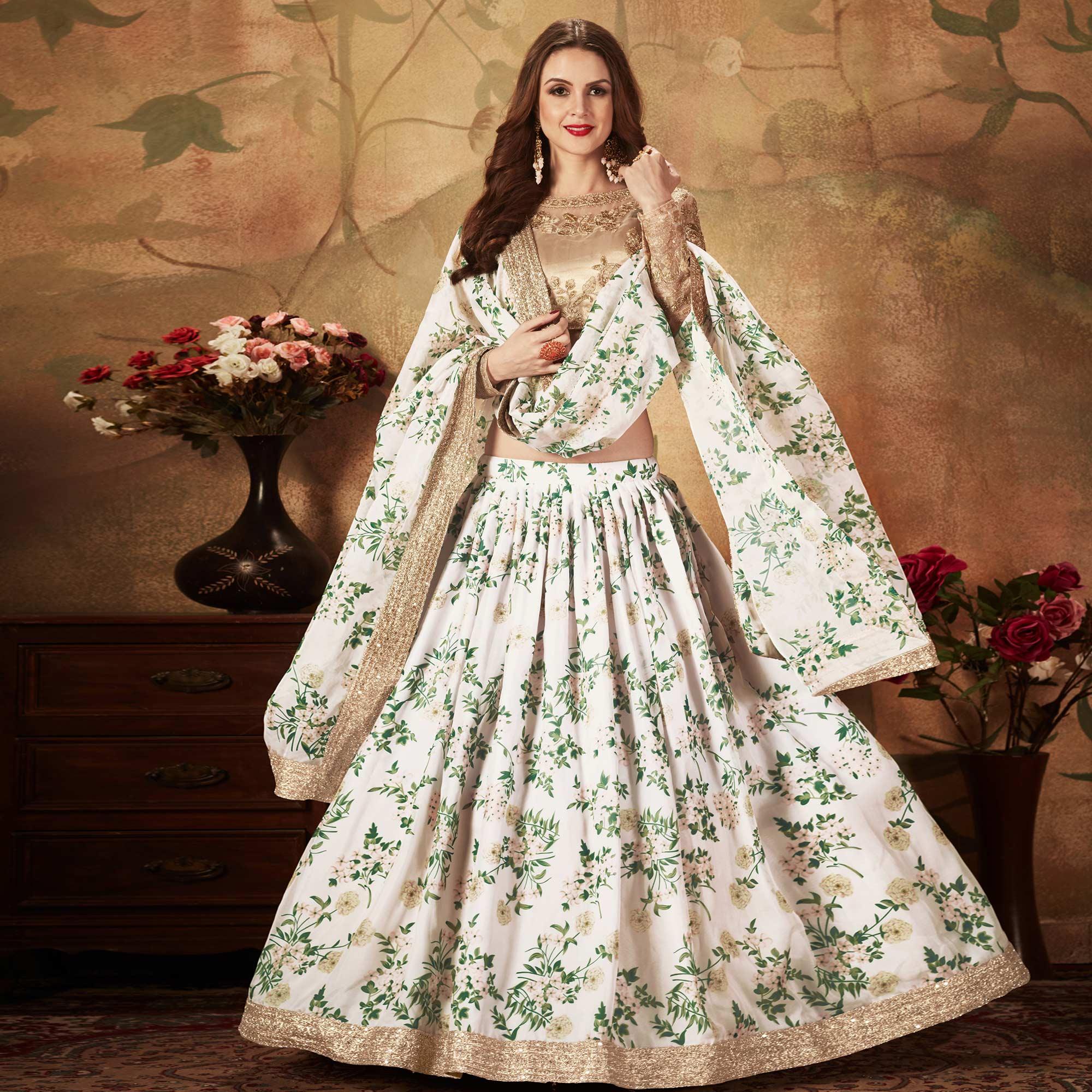 Off-White & Beige Partywear Floral Print With Sequins Embroidery Organza Lehenga Choli - Peachmode