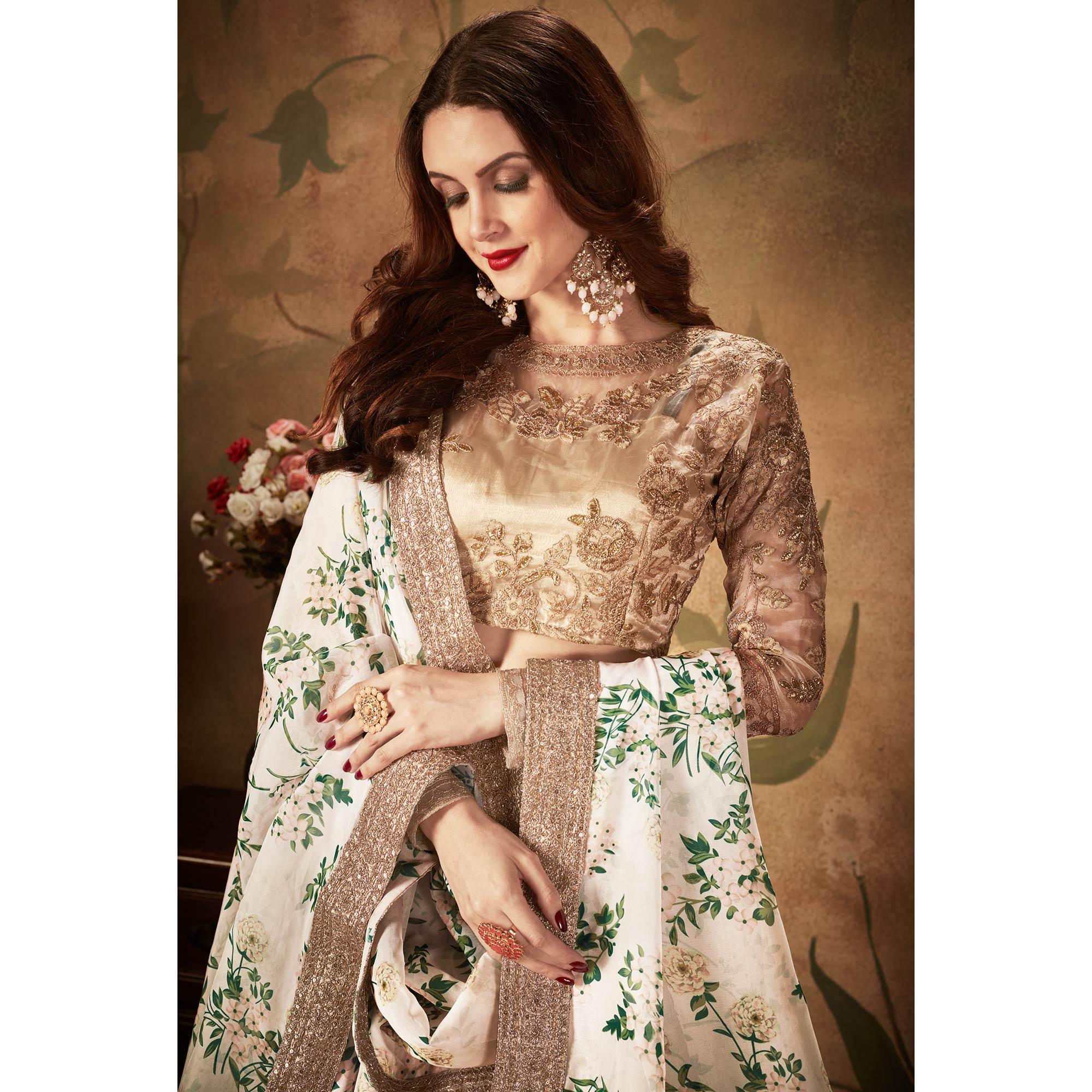 Off-White & Beige Partywear Floral Print With Sequins Embroidery Organza Lehenga Choli - Peachmode