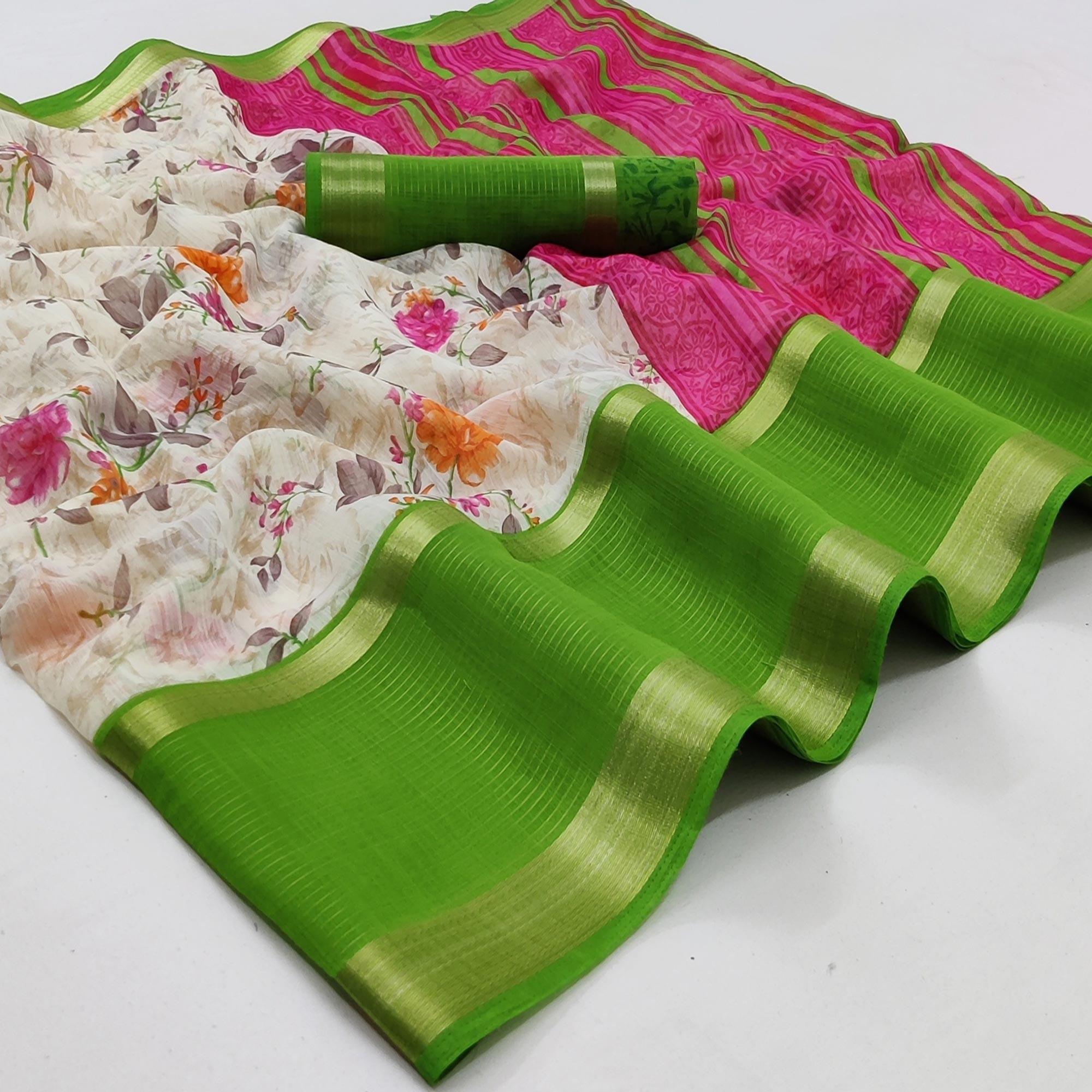 Off White & Green Casual Wear Floral Printed Cotton Saree With Woven Border - Peachmode
