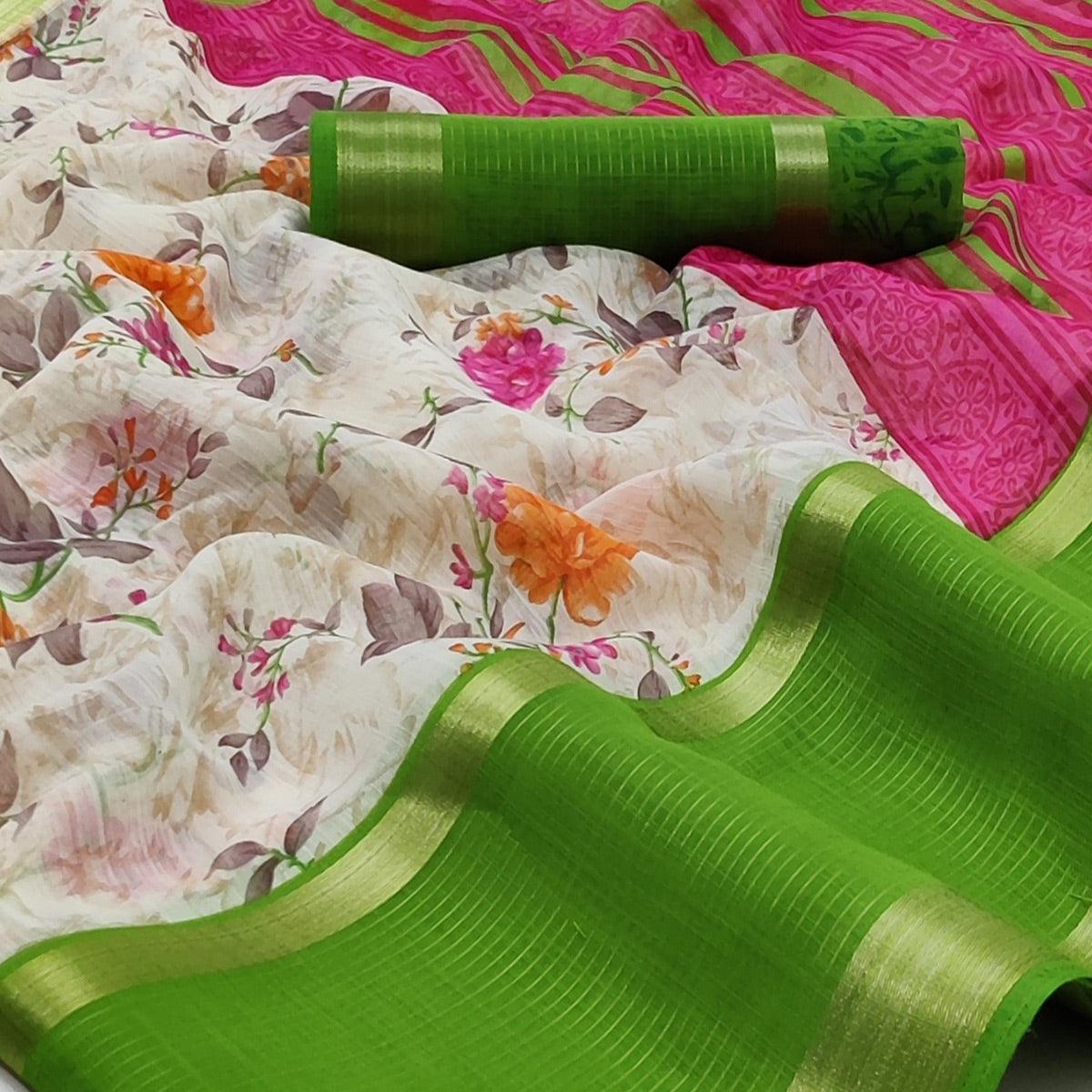 Off White & Green Casual Wear Floral Printed Cotton Saree With Woven Border - Peachmode