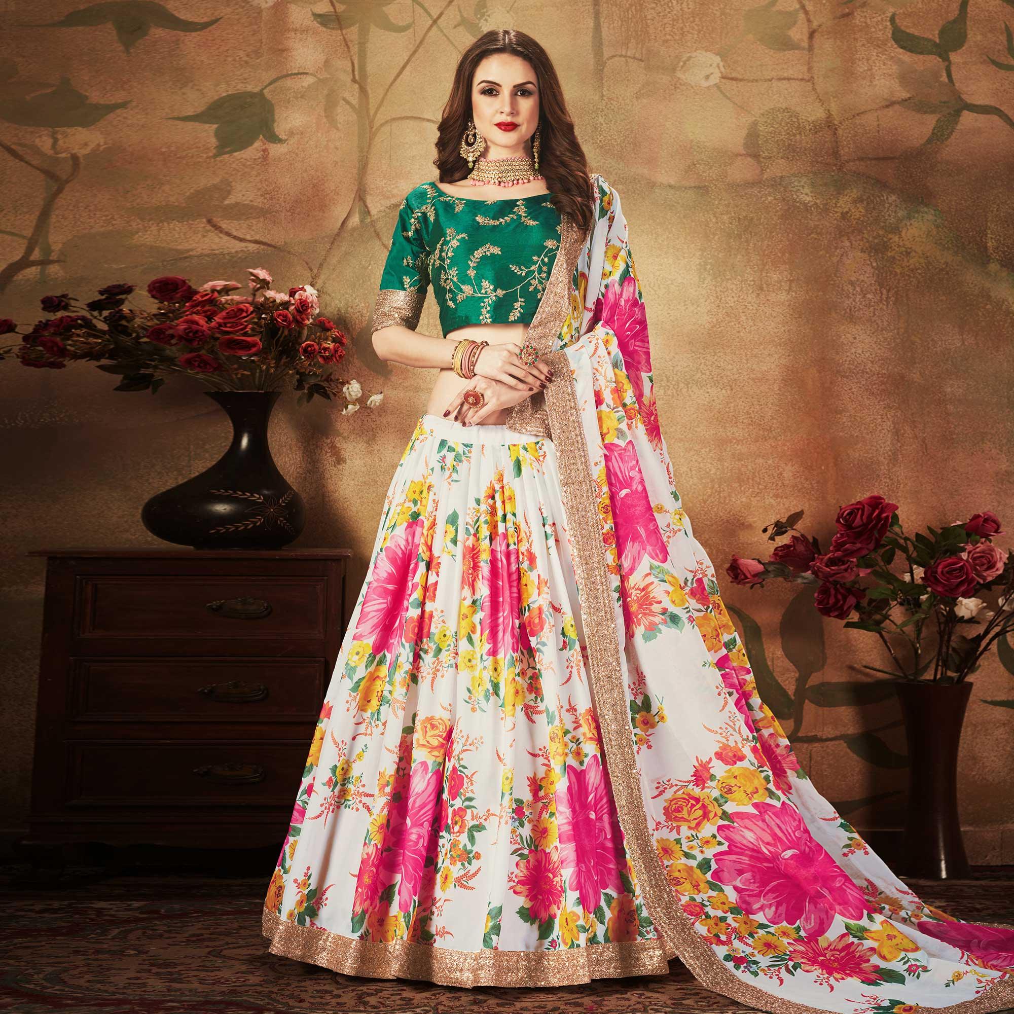 Off-White & Green Partywear Floral Print With Sequins Embroidery Organza Lehenga Choli - Peachmode