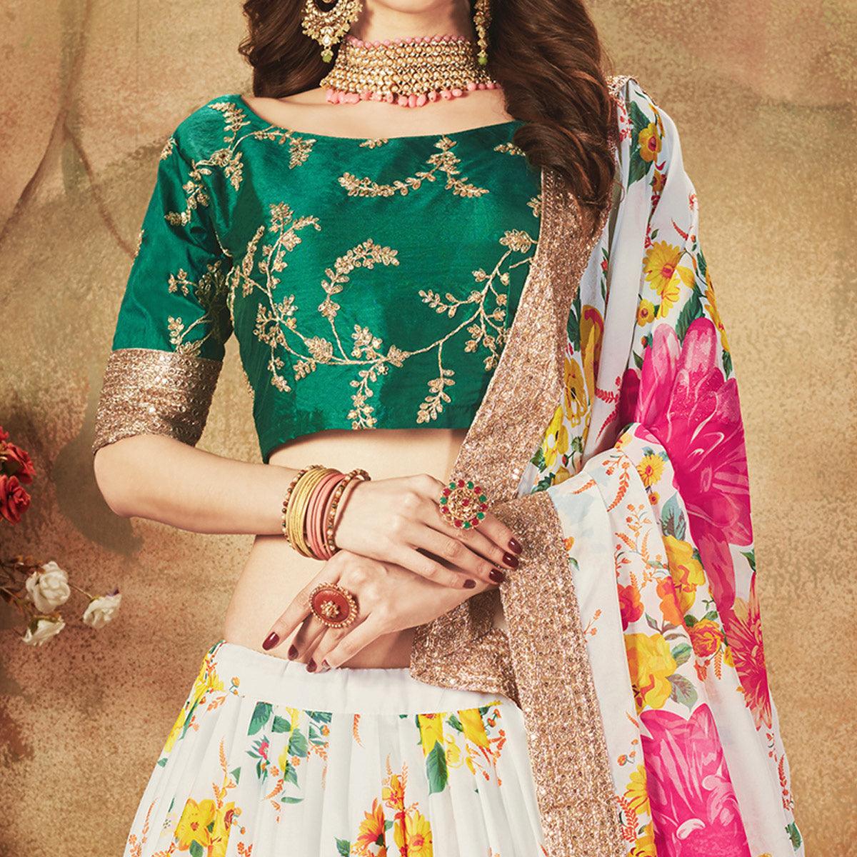 Off-White & Green Partywear Floral Print With Sequins Embroidery Organza Lehenga Choli - Peachmode