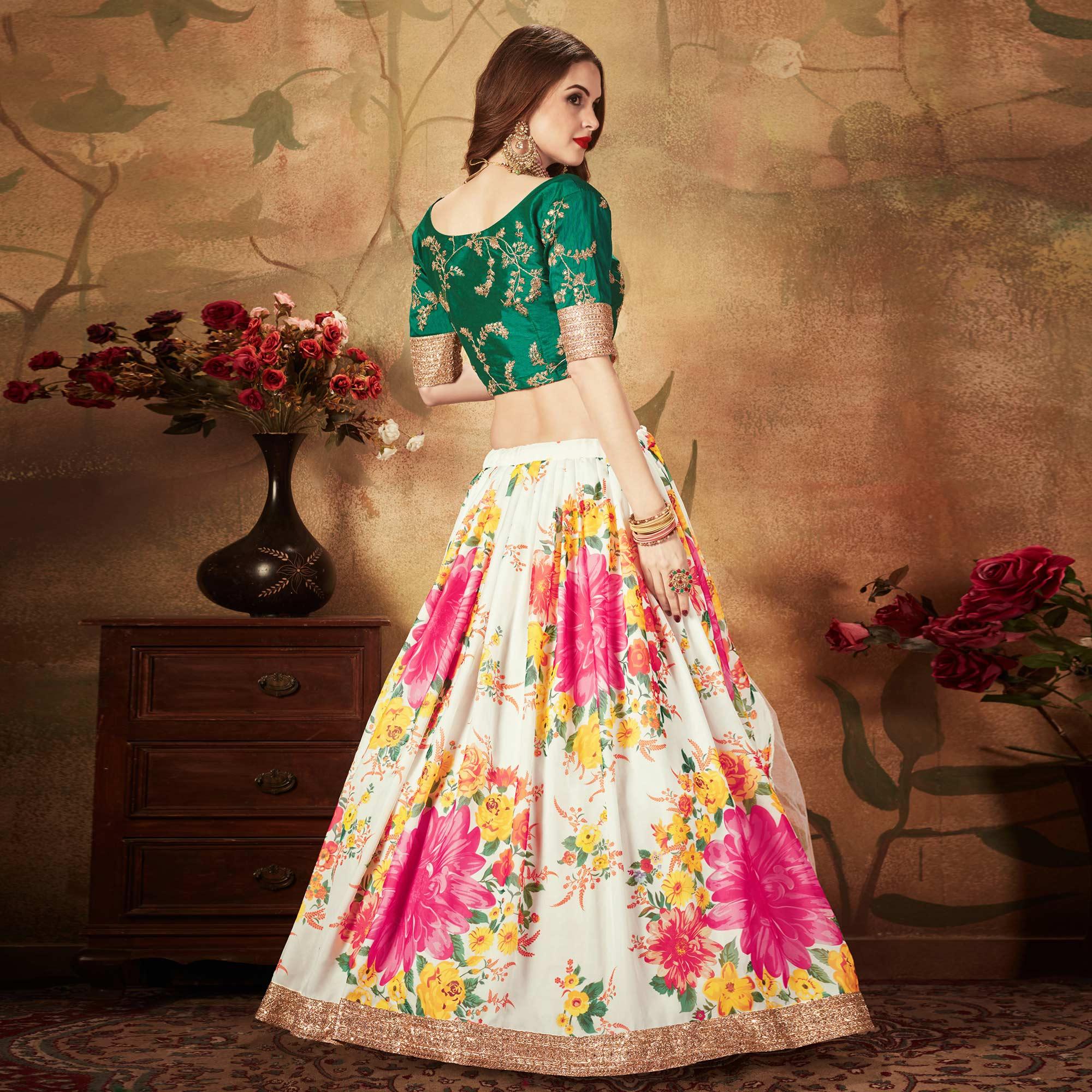 Off-White & Green Partywear Floral Print With Sequins Embroidery Organza Lehenga Choli - Peachmode