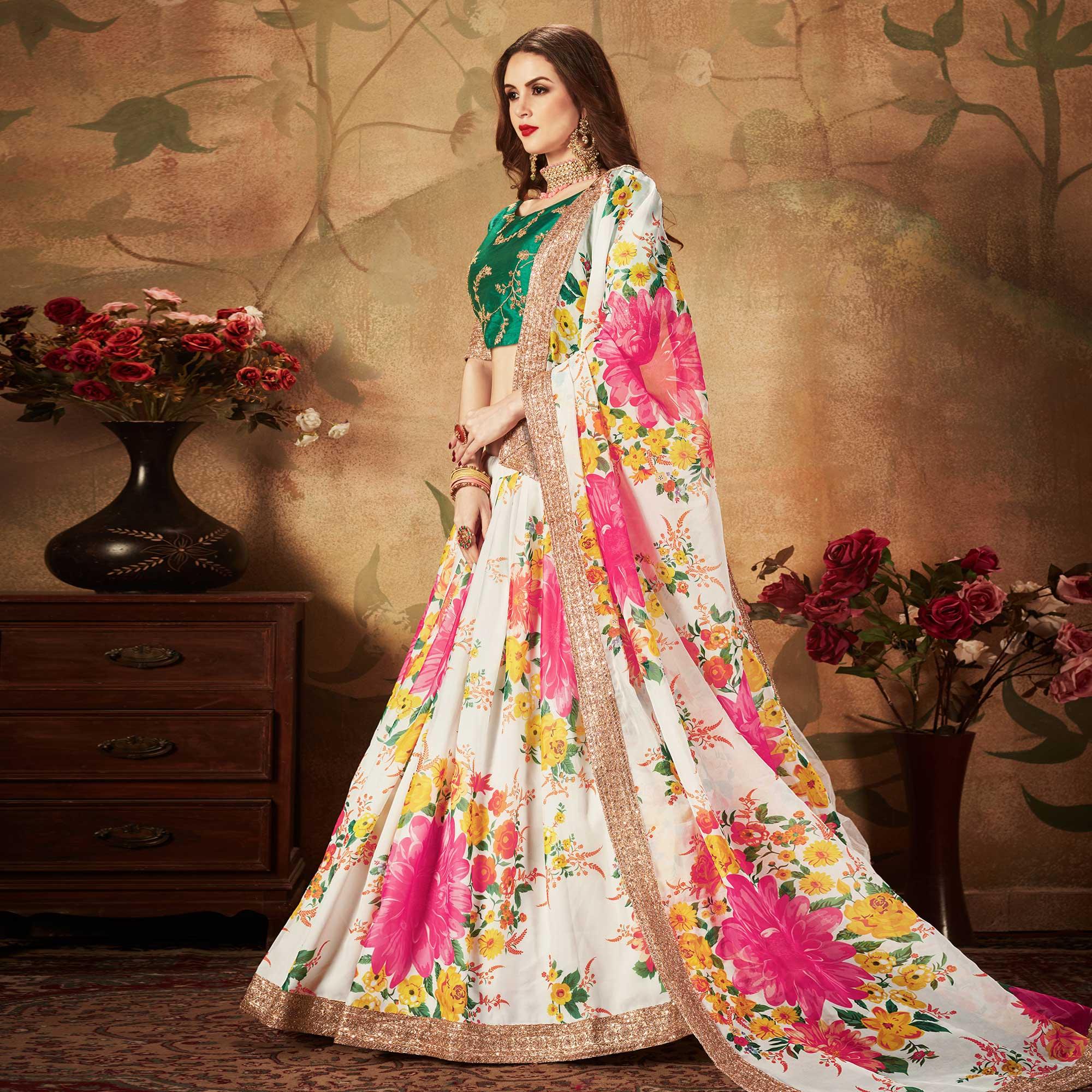 Off-White & Green Partywear Floral Print With Sequins Embroidery Organza Lehenga Choli - Peachmode