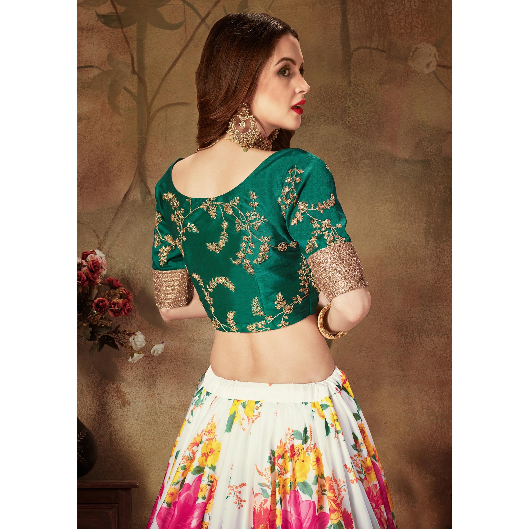 Off-White & Green Partywear Floral Print With Sequins Embroidery Organza Lehenga Choli - Peachmode