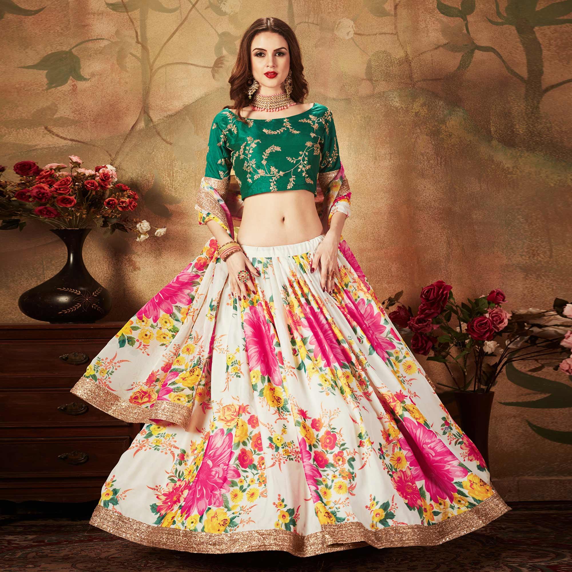 Off-White & Green Partywear Floral Print With Sequins Embroidery Organza Lehenga Choli - Peachmode