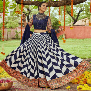 Off White & Navy Blue Printed Muslin Lehenga Choli - Peachmode