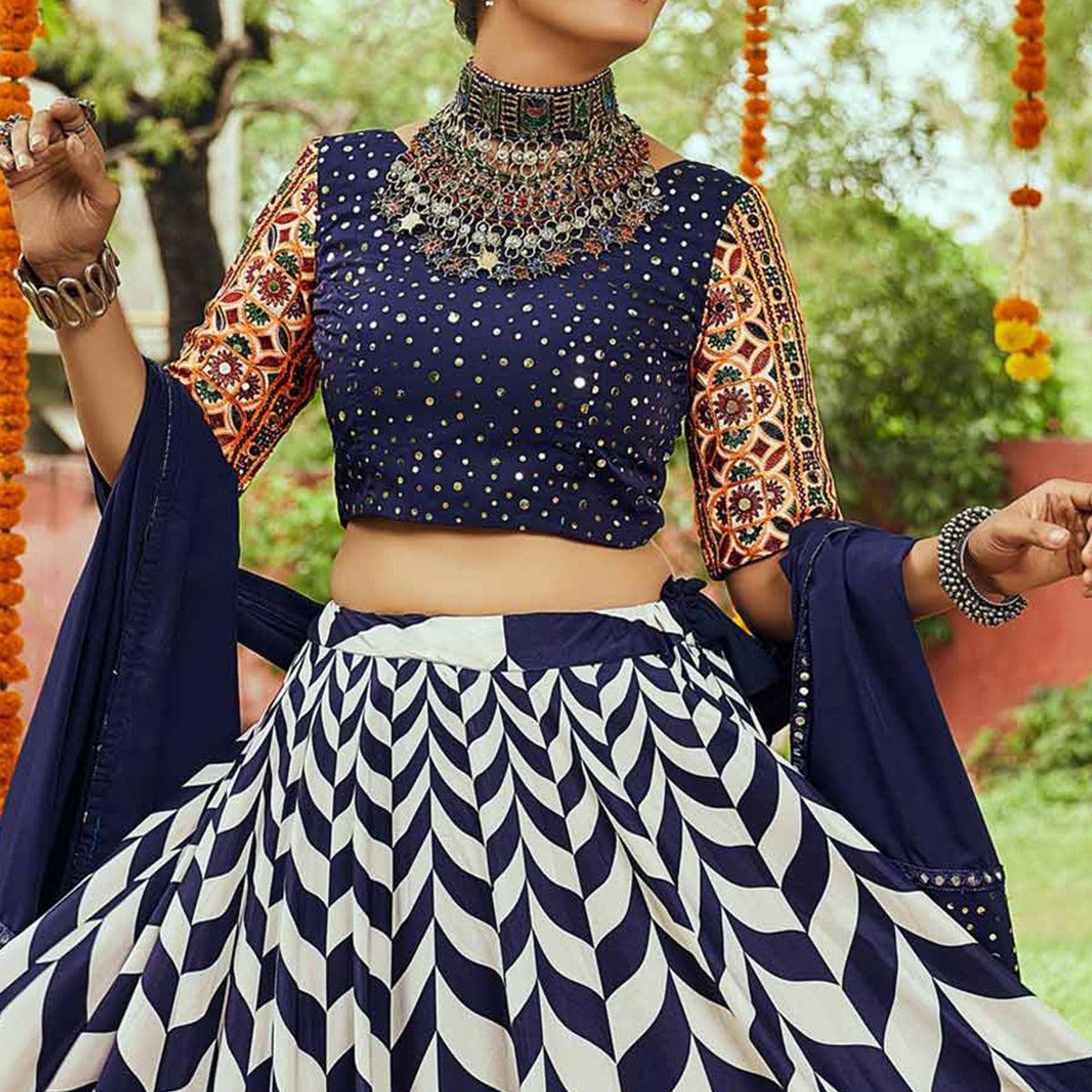 Off White & Navy Blue Printed Muslin Lehenga Choli - Peachmode