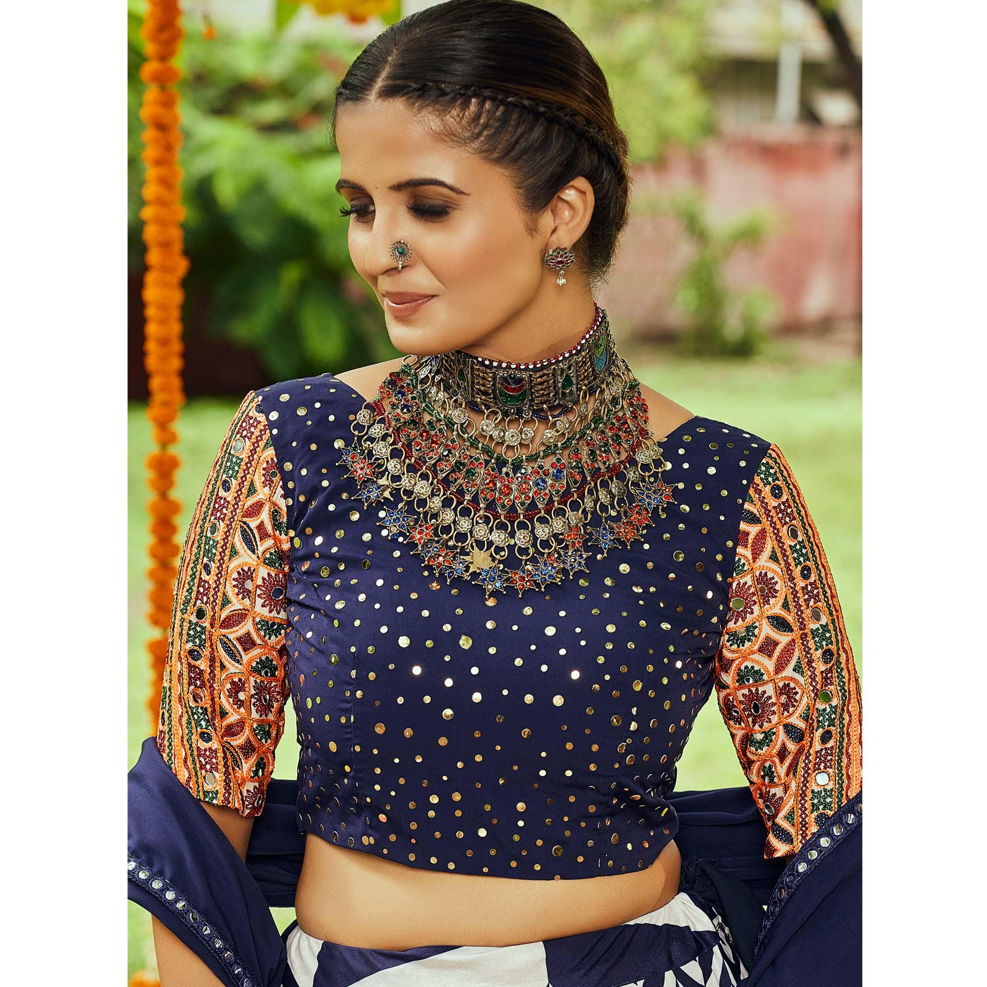 Off White & Navy Blue Printed Muslin Lehenga Choli - Peachmode