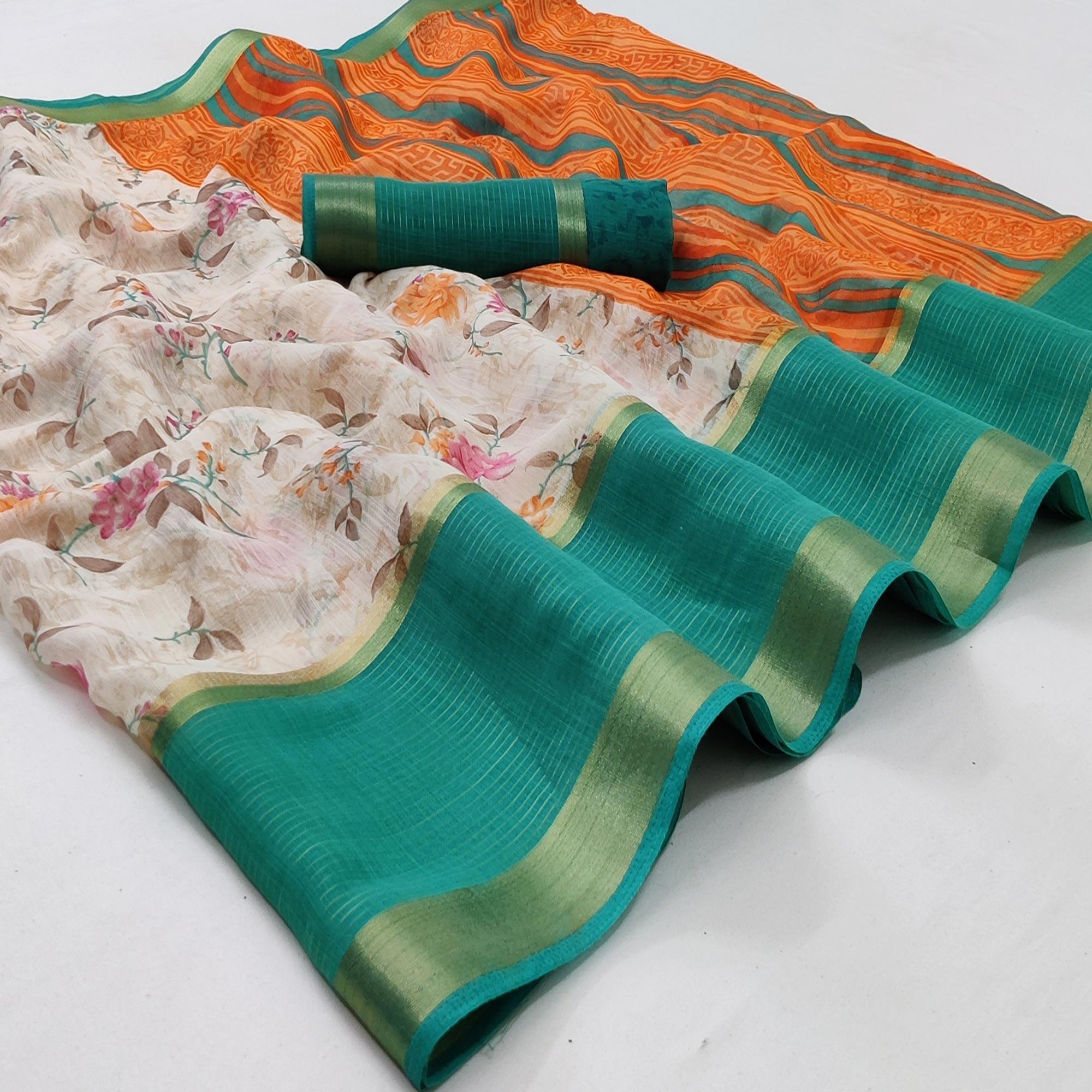 Off White & Rama Casual Wear Floral Printed Cotton Saree With Woven Border - Peachmode