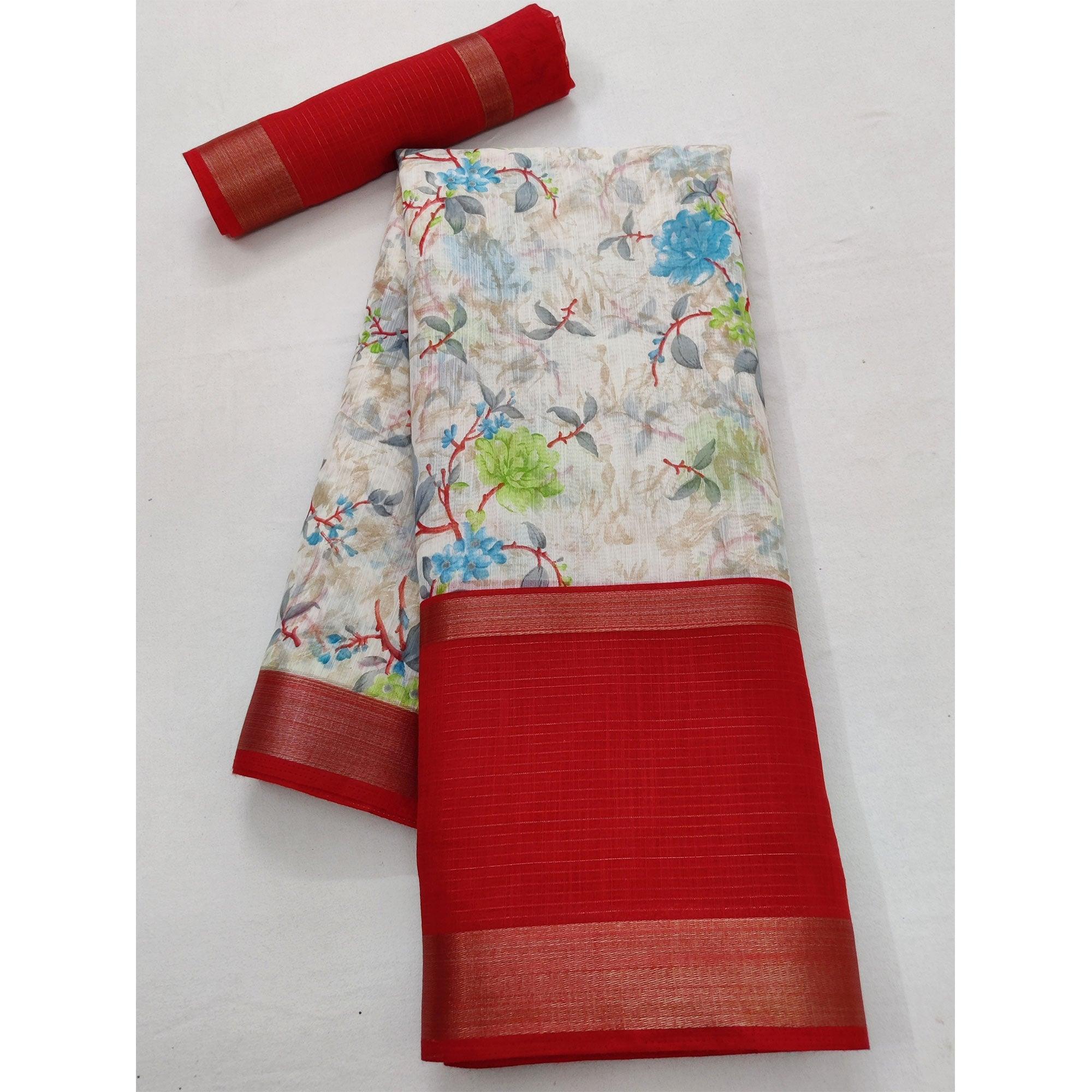 Off White & Red Casual Wear Floral Printed Cotton Saree With Woven Border - Peachmode