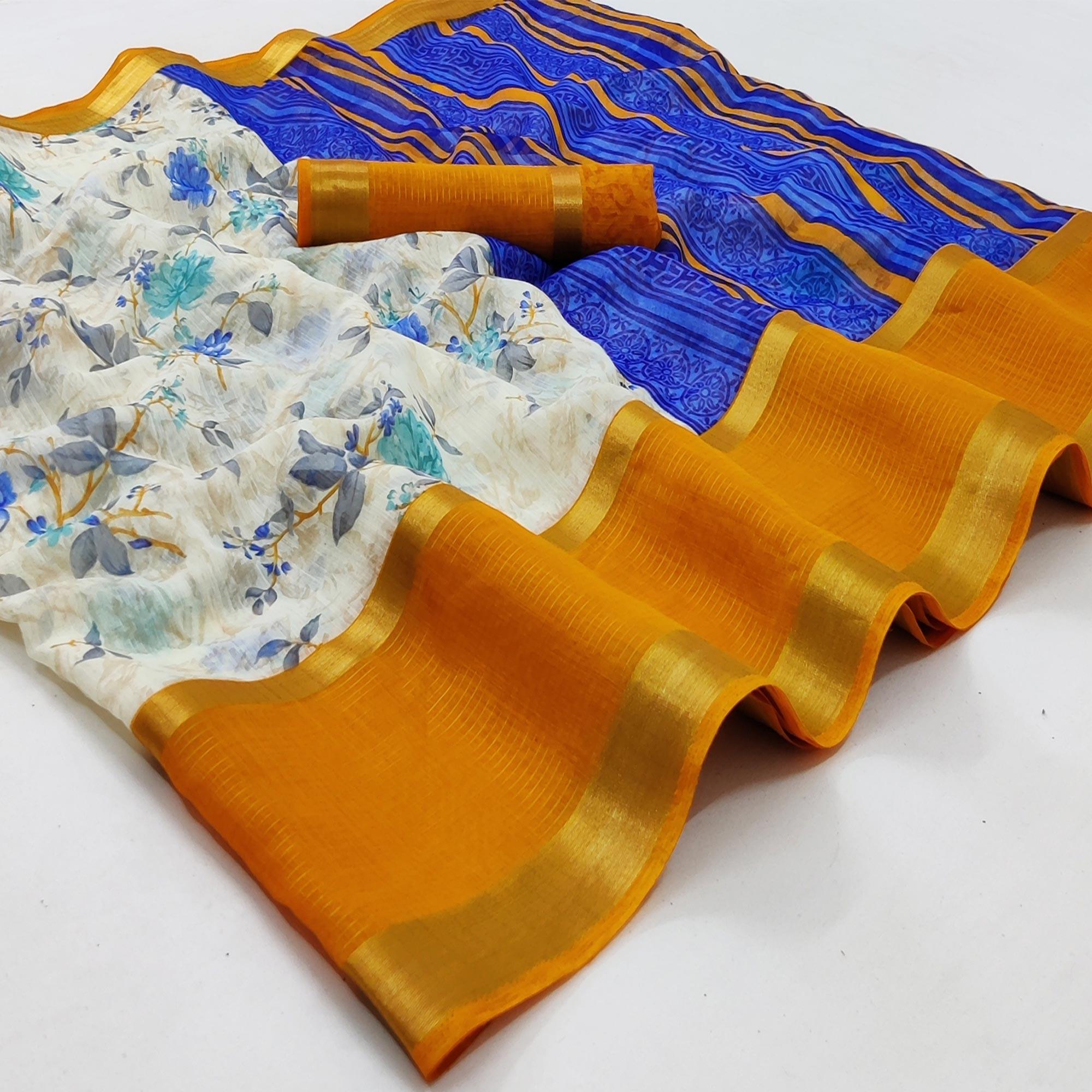 Off White & Yellow Casual Wear Floral Printed Cotton Saree With Woven Border - Peachmode
