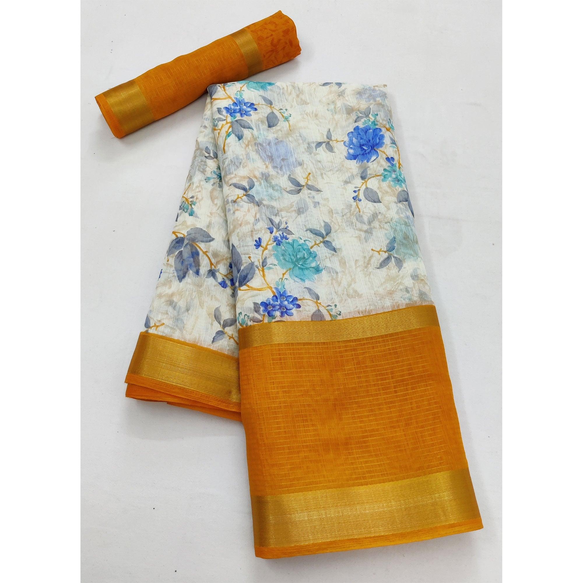 Off White & Yellow Casual Wear Floral Printed Cotton Saree With Woven Border - Peachmode