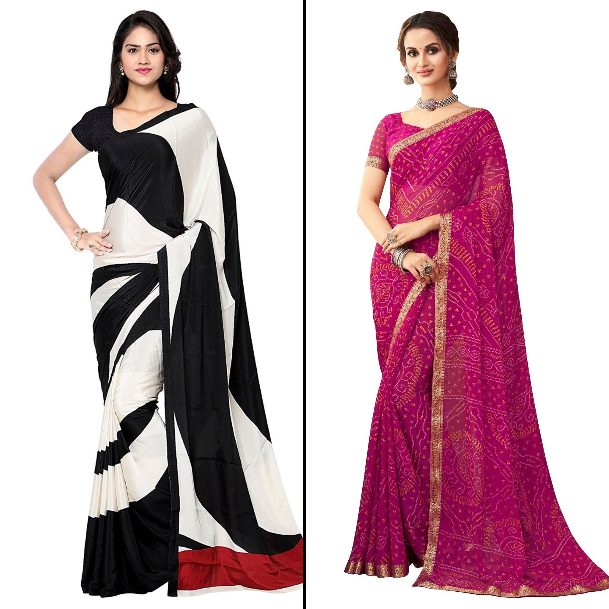 Off White Black And Pink Saree - Pack Of 2 - Peachmode