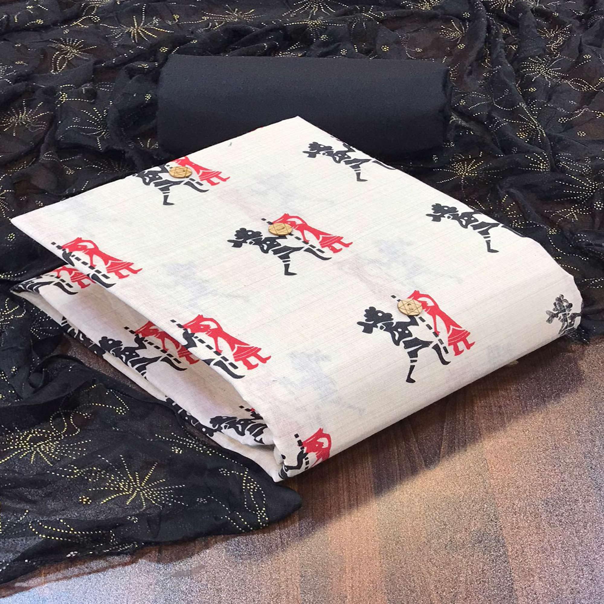 Off White - Black Casual Wear Printed Cotton Dress Material - Peachmode