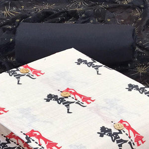 Off White - Black Casual Wear Printed Cotton Dress Material - Peachmode