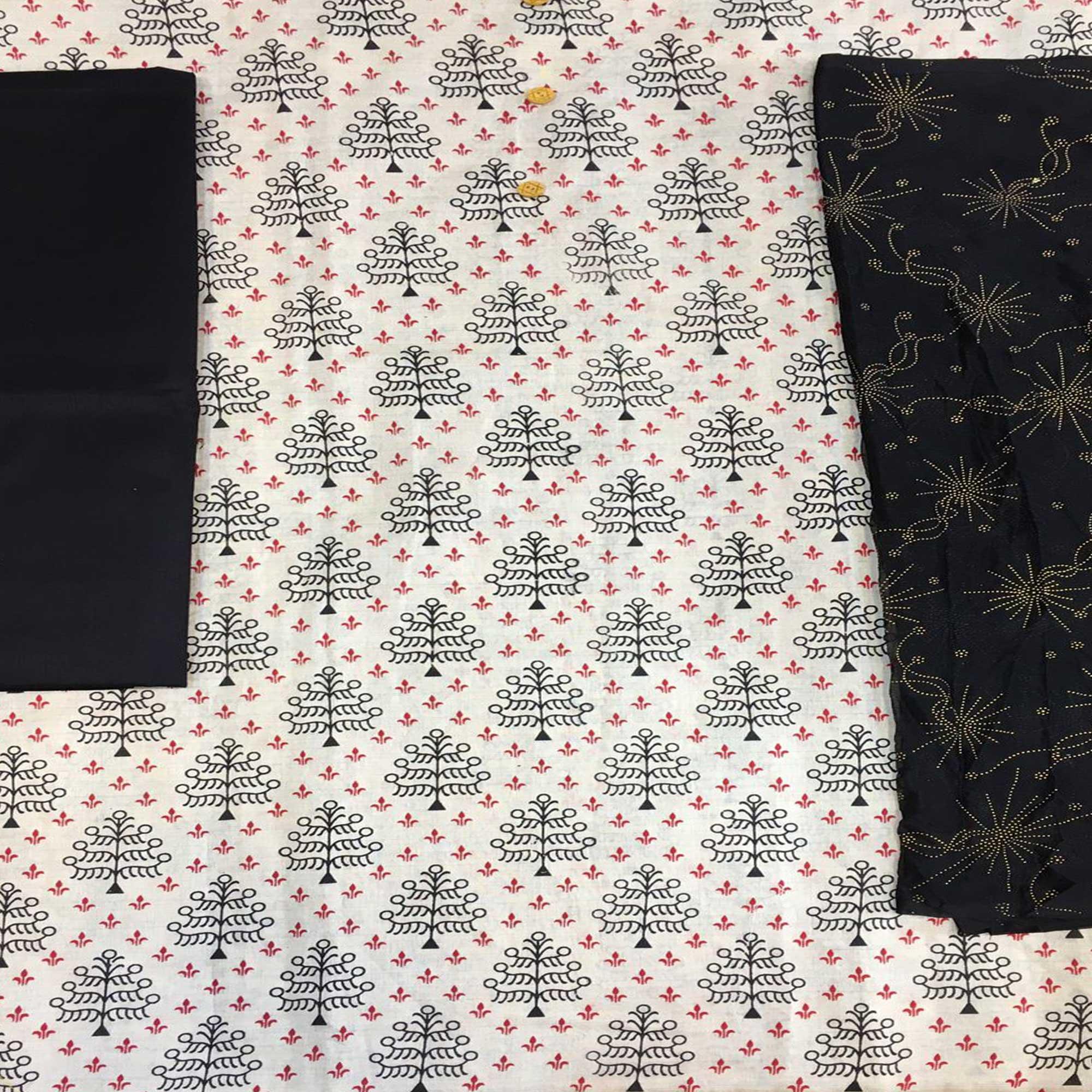 Off White - Black Casual Wear Printed Cotton Dress Material - Peachmode
