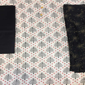 Off White - Black Casual Wear Printed Cotton Dress Material - Peachmode