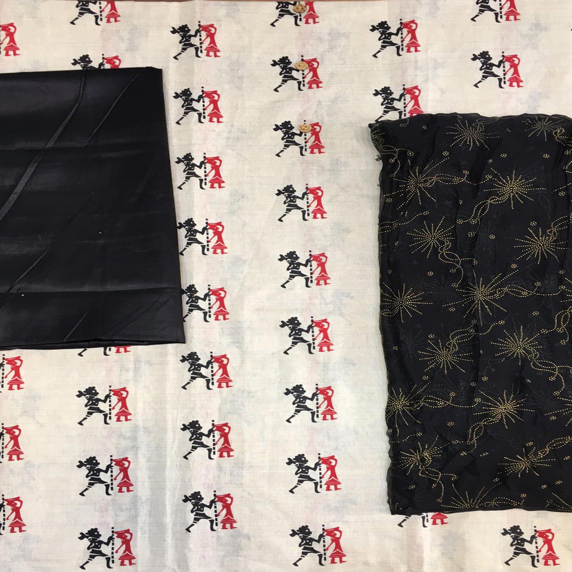 Off White - Black Casual Wear Printed Cotton Dress Material - Peachmode