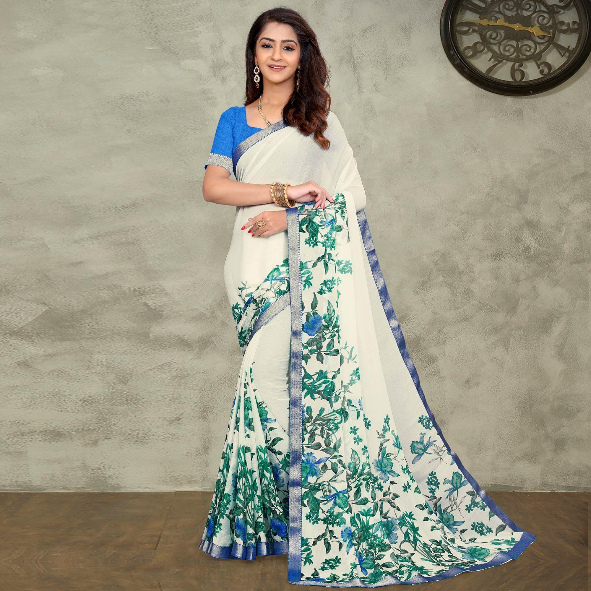 Off White-Blue Casual Wear Floral Printed Chiffon Saree - Peachmode