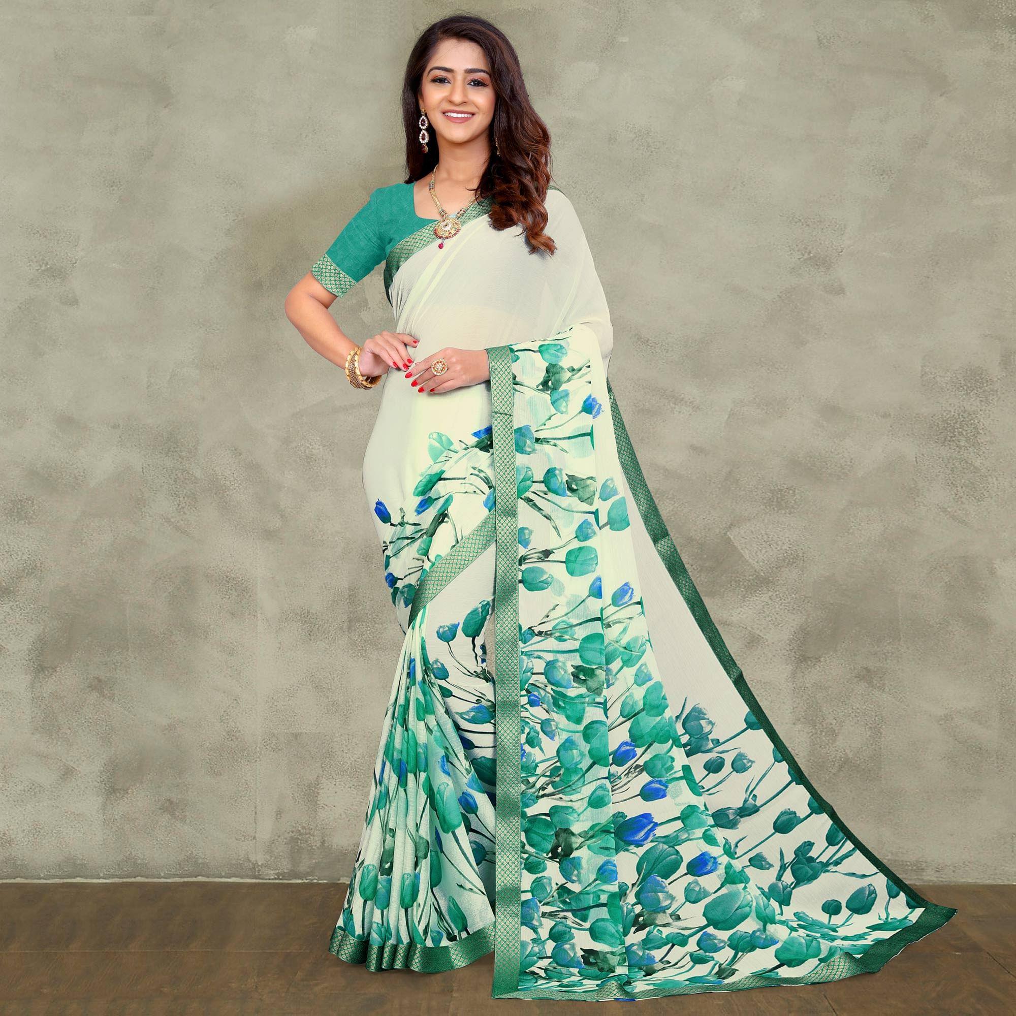 Off White-Blue Casual Wear Floral Printed Chiffon Saree - Peachmode