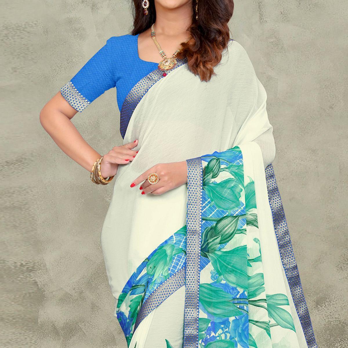 Off White-Blue Casual Wear Floral Printed Chiffon Saree - Peachmode