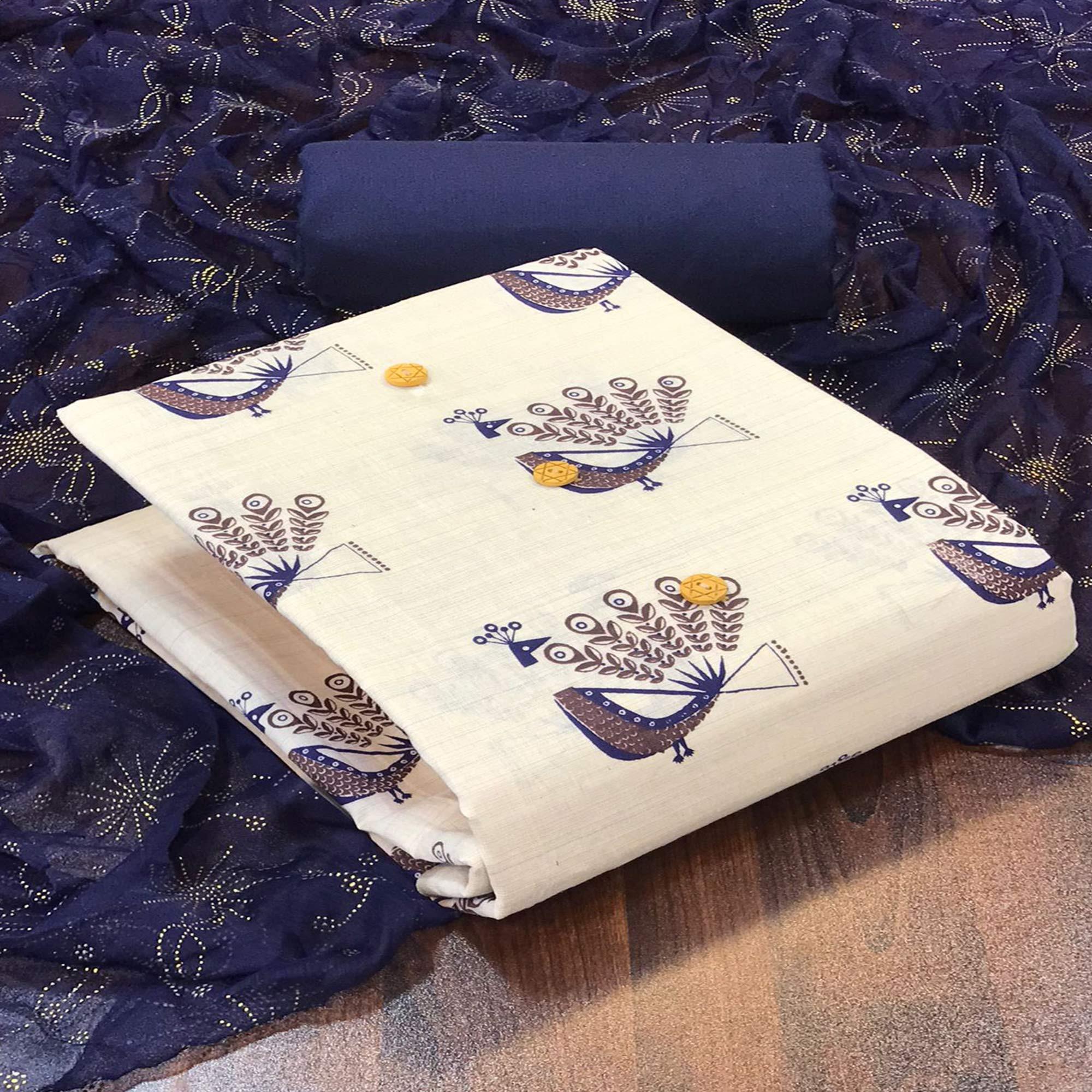 Off White - Blue Casual Wear Printed Cotton Dress Material - Peachmode