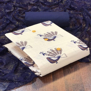 Off White - Blue Casual Wear Printed Cotton Dress Material - Peachmode