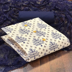 Off White - Blue Casual Wear Printed Cotton Dress Material - Peachmode