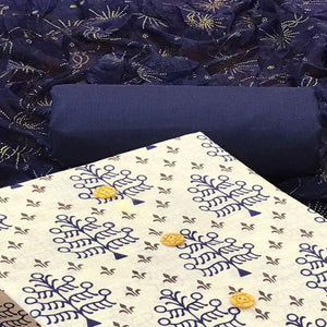 Off White - Blue Casual Wear Printed Cotton Dress Material - Peachmode