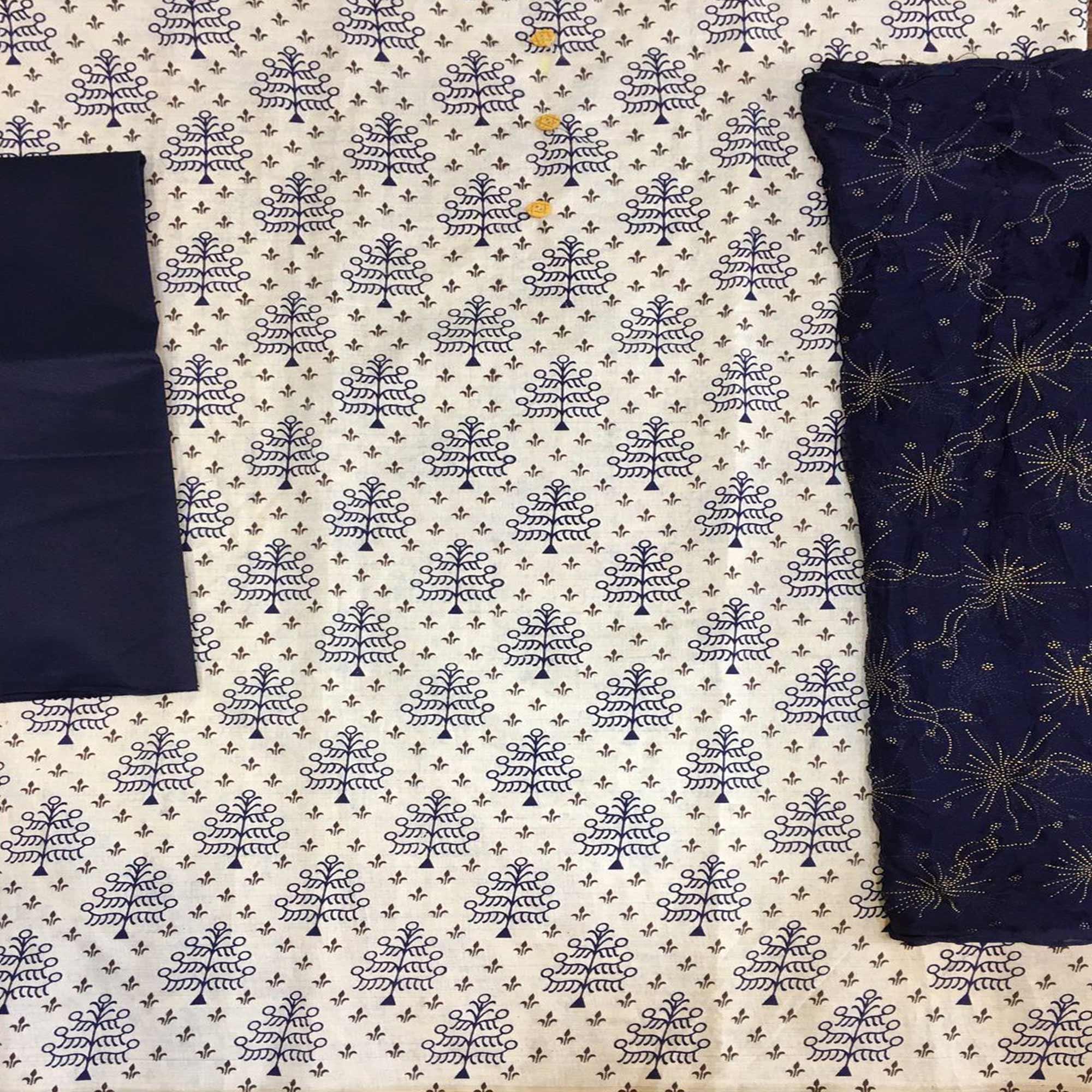 Off White - Blue Casual Wear Printed Cotton Dress Material - Peachmode