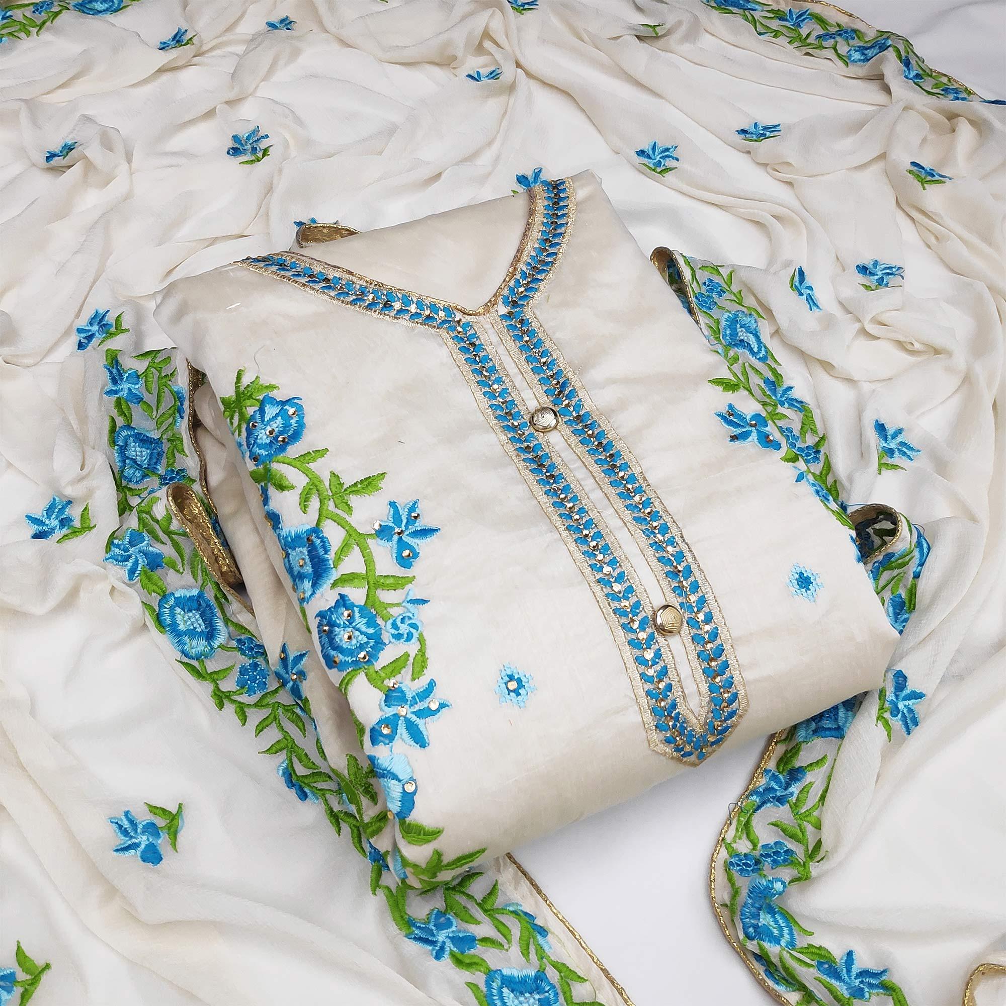 Off White - Blue Embroidered Chanderi Dress Material - Peachmode
