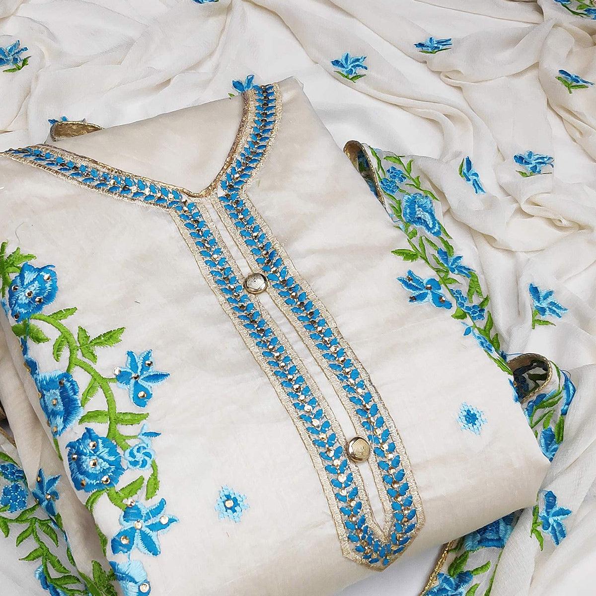 Off White - Blue Embroidered Chanderi Dress Material - Peachmode