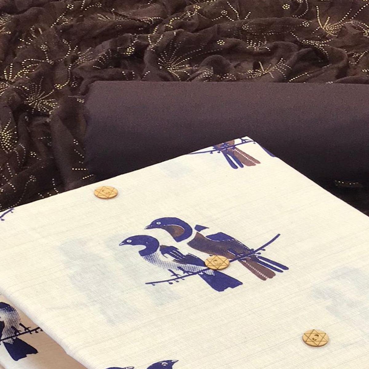 Off White - Brown Casual Wear Printed Cotton Dress Material - Peachmode