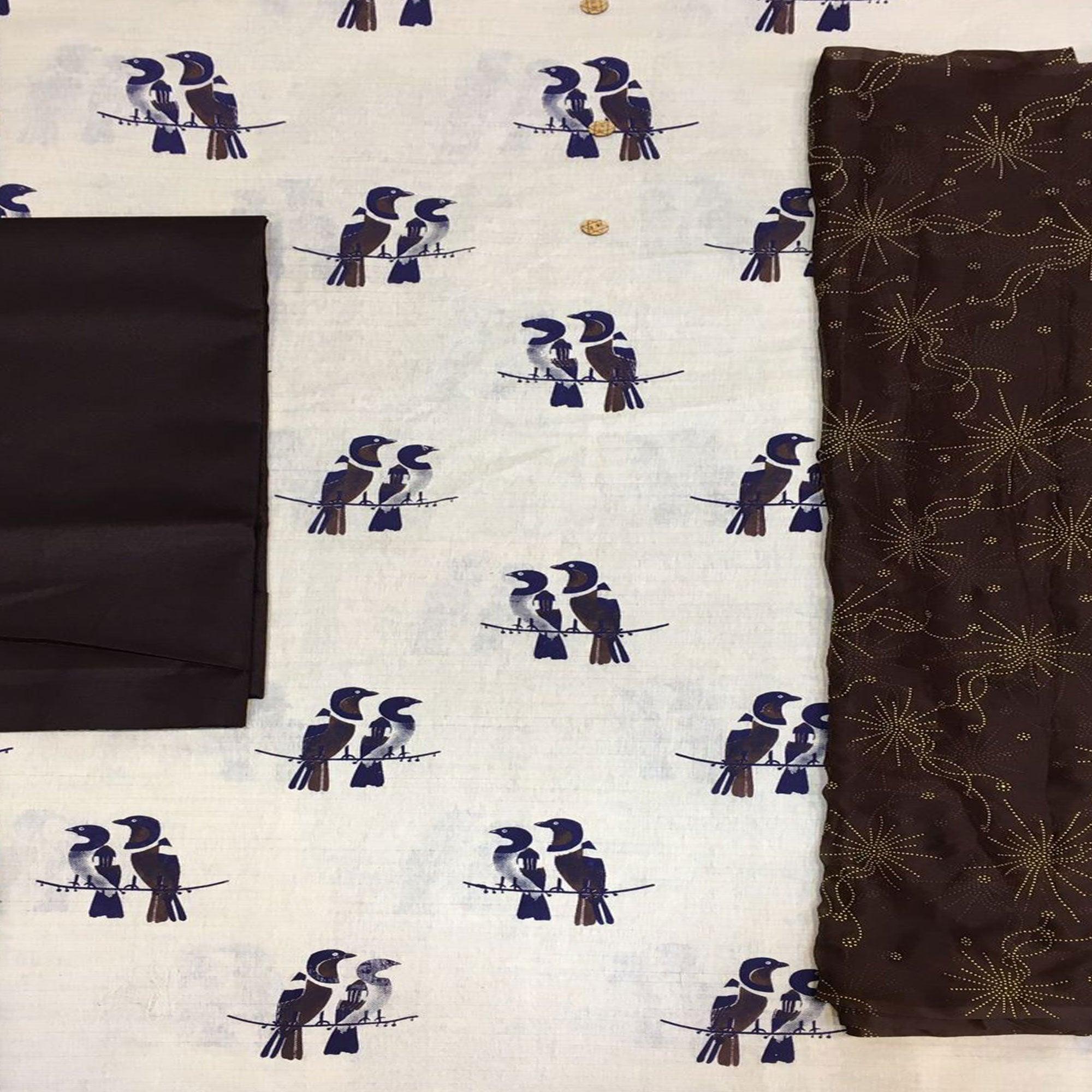 Off White - Brown Casual Wear Printed Cotton Dress Material - Peachmode