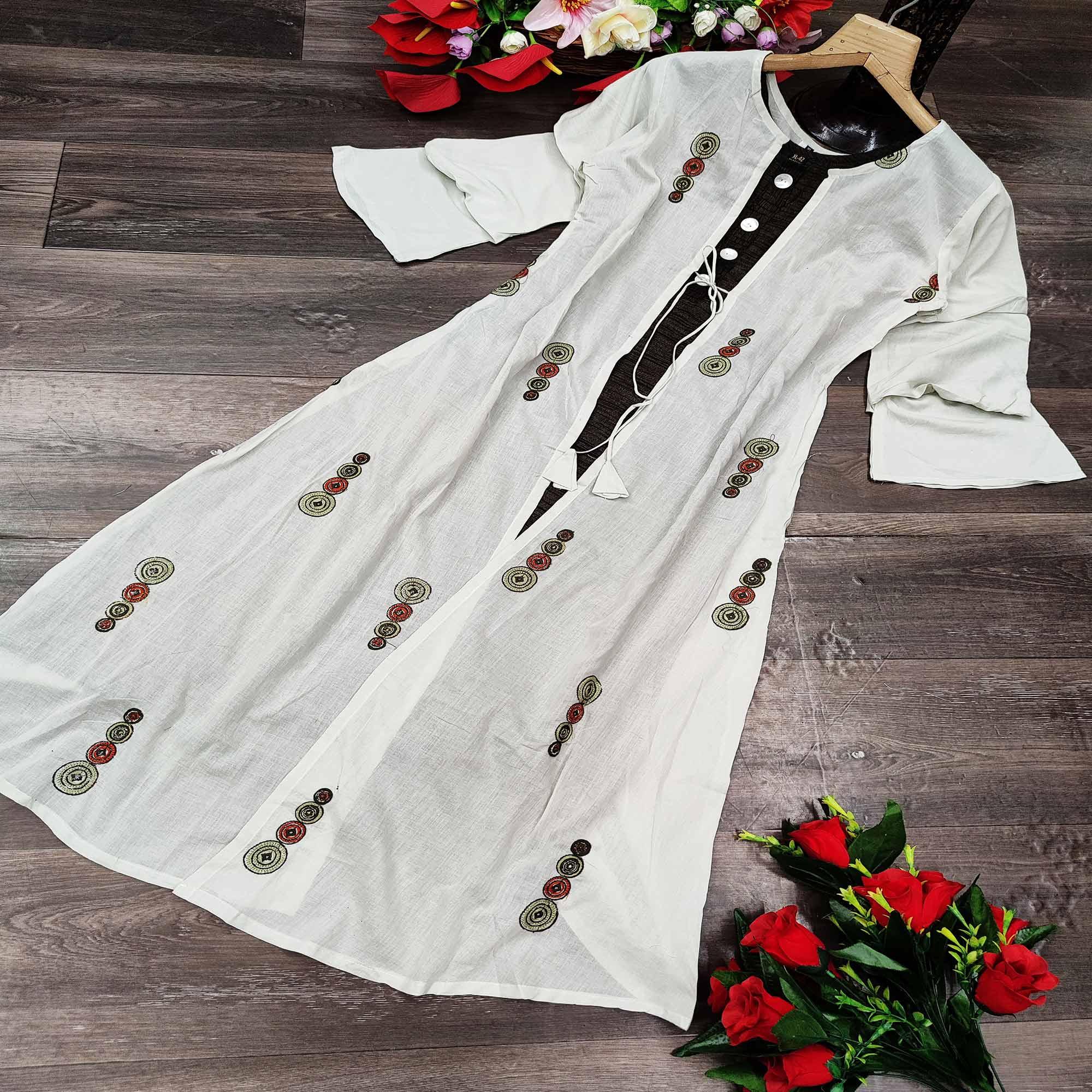 Off-White Casual Embroidery With Handwork Muslin Gown - Peachmode