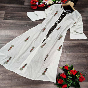 Off-White Casual Embroidery With Handwork Muslin Gown - Peachmode