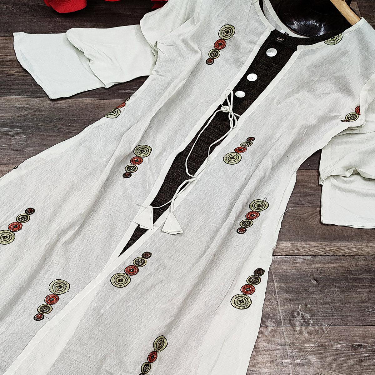 Off-White Casual Embroidery With Handwork Muslin Gown - Peachmode